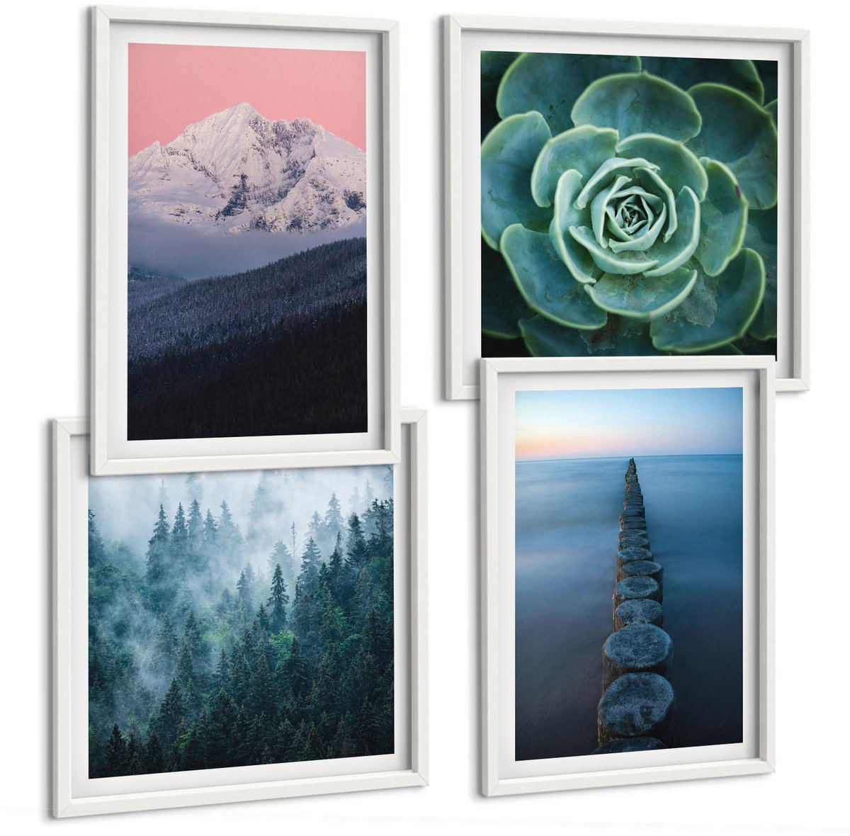 Wallfluent 4-Delige Schilderij Set - Bergen Met Roze Lucht, Water En Groene Vetplanten - 40 x 40 En 40 x 60 - Stijlvolle Muurdecoratie - Slaapkamer - Decoratieve Schilderijen