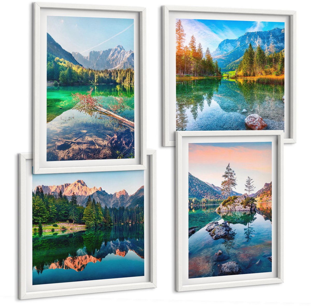 Wallfluent 4-Delige Schilderij Set - Bergmeren Met Water En Omringende Natuurlandschappen - 40 x 40 En 40 x 60 - Moderne Wanddecoratie - Woonkamer - Stijlvolle Muurdecoratie
