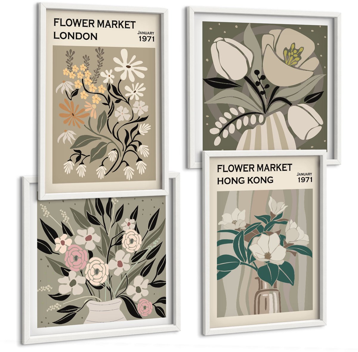 Wallfluent 4-Delige Schilderij Set - Bloemenposters Londen Hong Kong Illustraties - 40 x 40 En 40 x 60 - Wanddecoratie - Woonkamer Decoratie - Stijlvolle Muurdecoratie