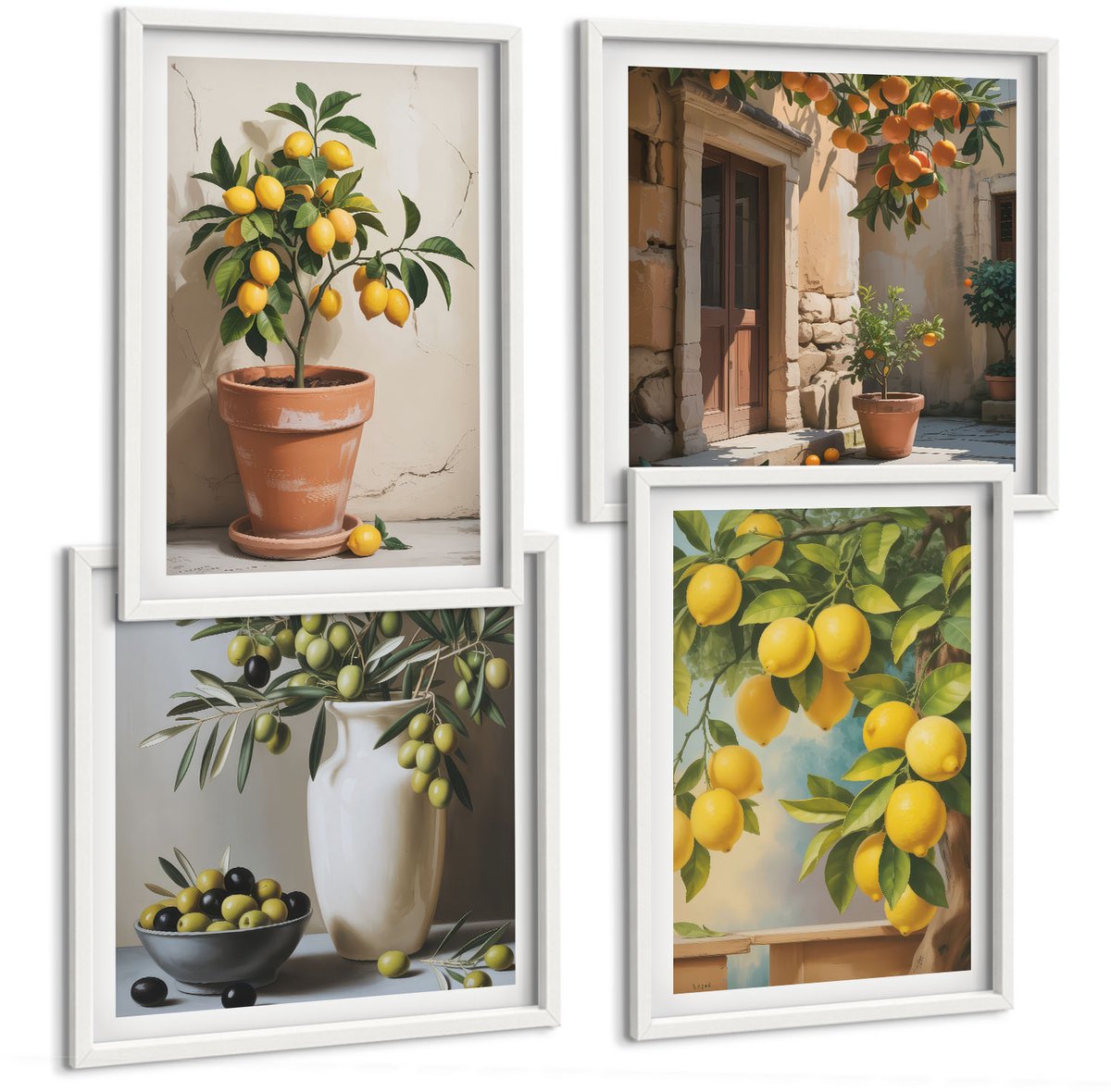 Wallfluent 4-Delige Schilderij Set - Citroenbomen In Potten En Vazen - 40 x 40 En 40 x 60 - Muurdecoratie - Schilderijen Set - Woonkamer - Interieur Decoratie