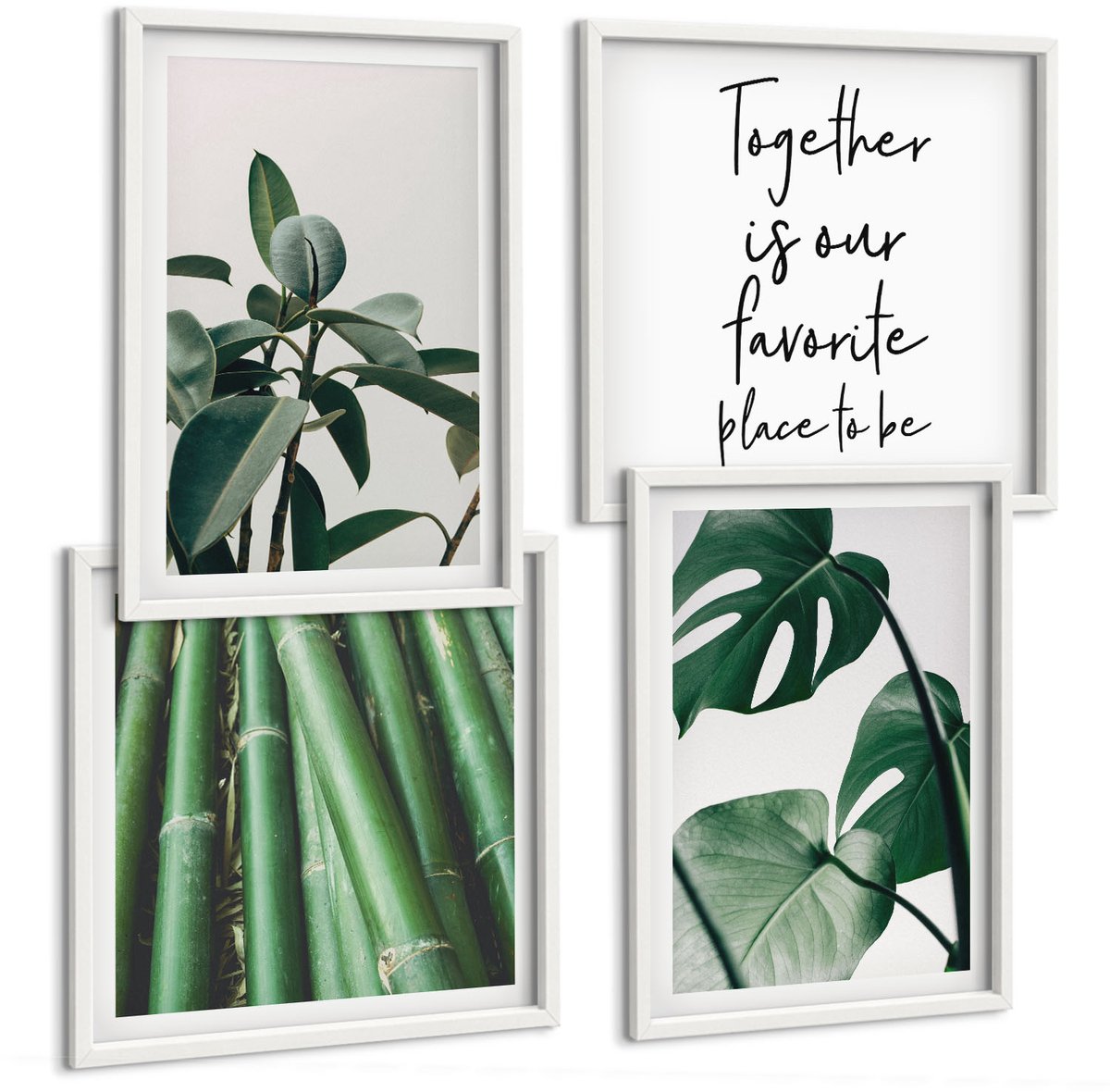 Wallfluent 4-Delige Schilderij Set - Inscriptie Op Bamboestengels En Monstera-Bladeren - 40 x 40 En 40 x 60 - Schilderijen Set - Wanddecoratie - Woonkamer - Stijlvolle Muurdecoratie