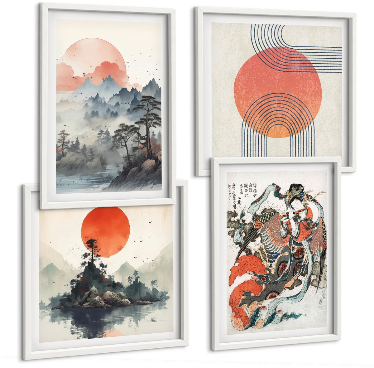 Wallfluent 4-Delige Schilderij Set - Aziatische Schilderijen: Landschappen En Portretten In De Japandi-Stijl. - 40 x 40 En 40 x 60 - Stijlvolle Wanddecoratie - Interieur - Interieur Decoratie