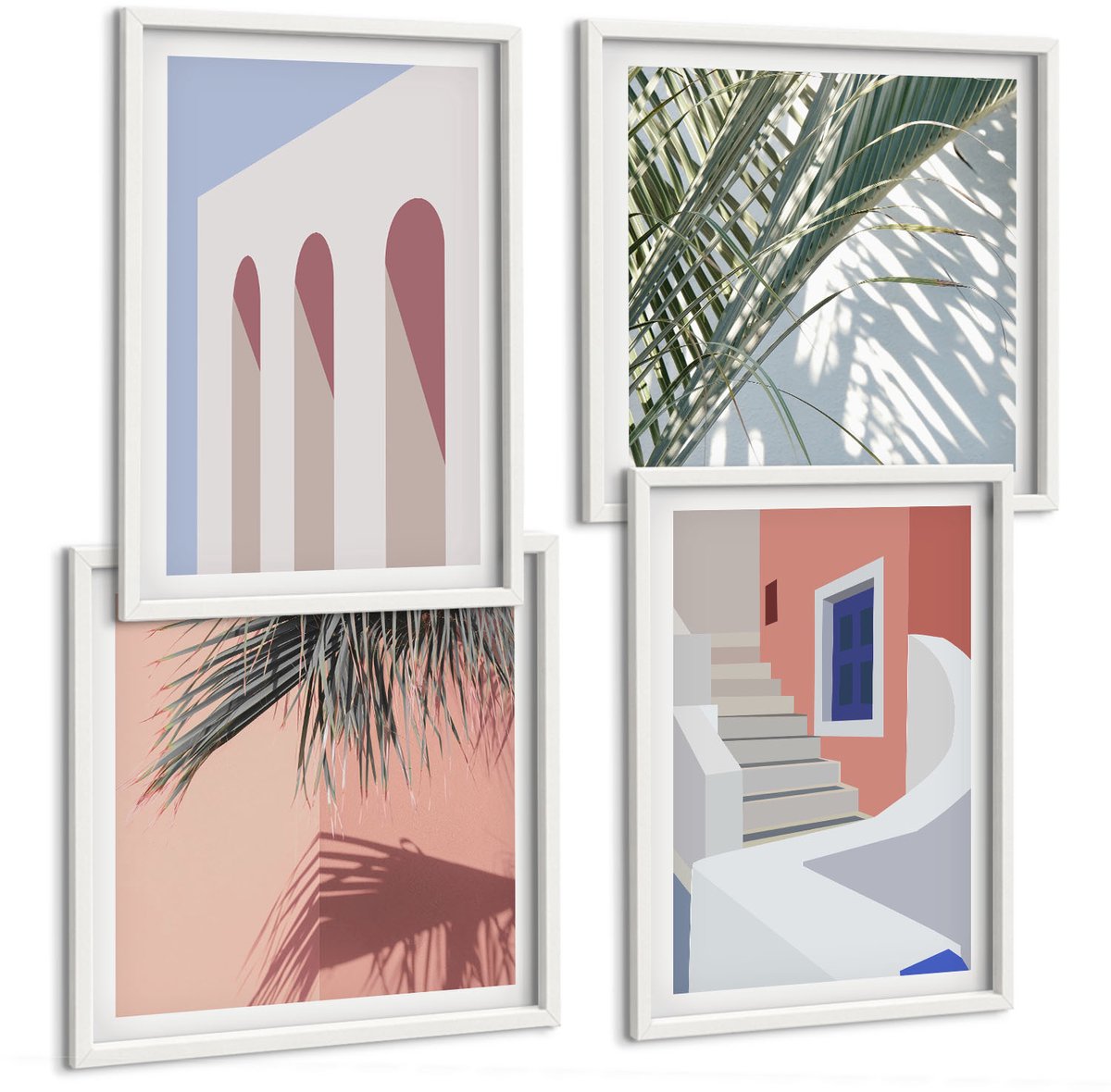 Wallfluent 4-Delige Schilderij Set - Illustraties Van Stedelijke Architectuur In Minimalistische Stijl - 40 x 40 En 40 x 60 - Muurdecoratie - Wanddecoratie - Hal - Woonkamer Decoratie