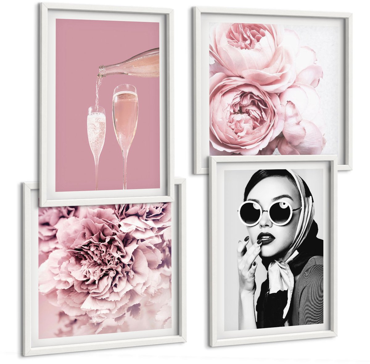 Wallfluent 4-Delige Schilderij Set - Bloemen, Pioenrozen, Rozen, Champagne En Een Elegante Vrouw - 40 x 40 En 40 x 60 - Wanddecoratie - Moderne Interieurdecoratie - Woonkamer Decoratie