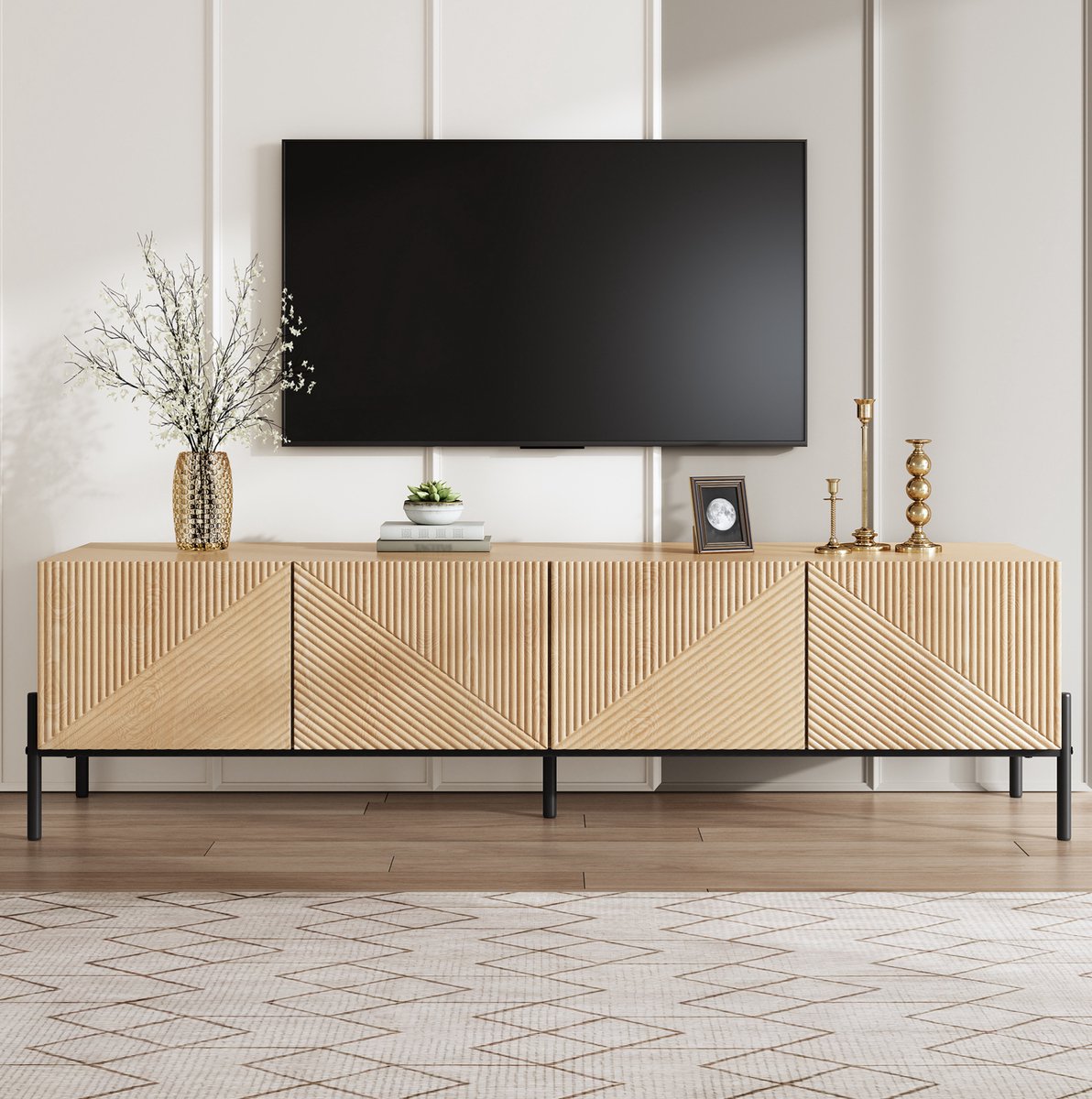 REDOM - TV-schrank - Geometrische 3D-textuur - 4 deuren - Push-to-open - Design - Woonkamer - MDF - Naturel - 163,5 x 40 x 45 cm