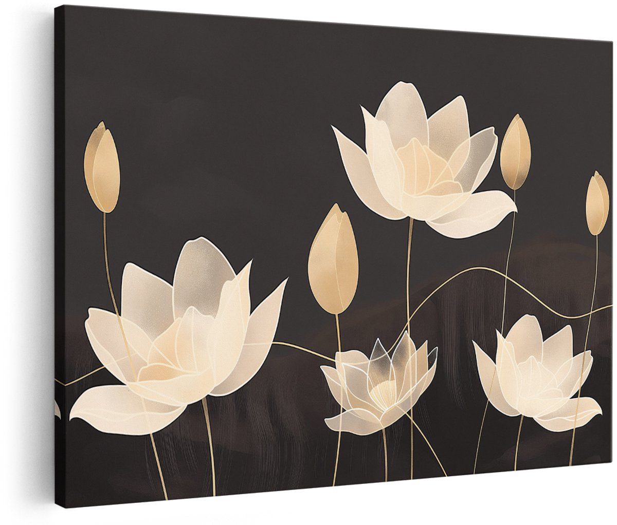 Artaza Canvas Schilderij Lotusbloemen - 150x100 cm - Groot - Wanddecoratie Goud - Muurdecoratie Bloemen - Schilderijen Op Canvas Zwart Goud