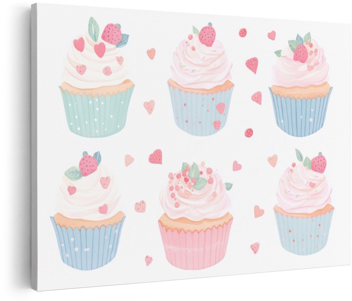 Artaza Canvas Schilderij Cupcakes - 150x100 cm - Groot - Wanddecoratie Kinderkamer - Muurdecoratie Aardbeien - Decoratie Meisjeskamer - Roze