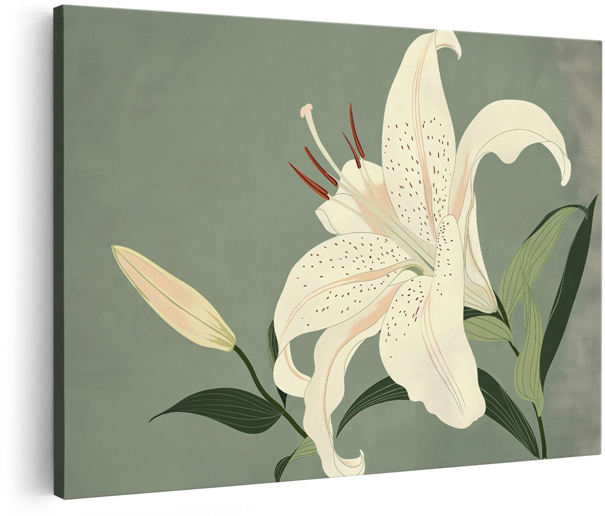 Artaza Canvas Schilderij Witte Lelie - 150x100 cm - Groot - Wanddecoratie Bloemen - Muurdecoratie Vintage - Decoratie Woonkamer - Groen