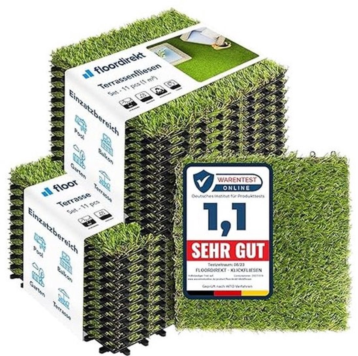 Floordirekt Lawn Click Tiles, 30 x 30 cm, 2 m² = 22 Patio Tiles, Balcony Tiles - Floor Covering for Balcony and Patio, Weatherproof, with Drainage Function, Grass