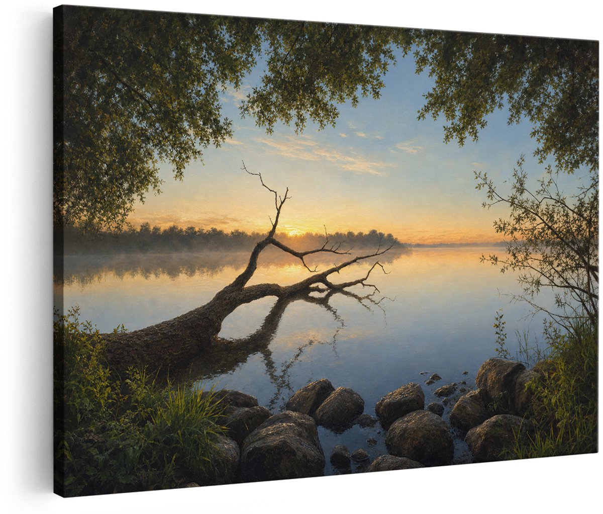 Artaza Canvas Schilderij Bosmeer Bij Zonsondergang - Rustig Landschap - 150x100 cm - Groot - Wanddecoratie Woonkamer - Schilderijen - Muurdecoratie