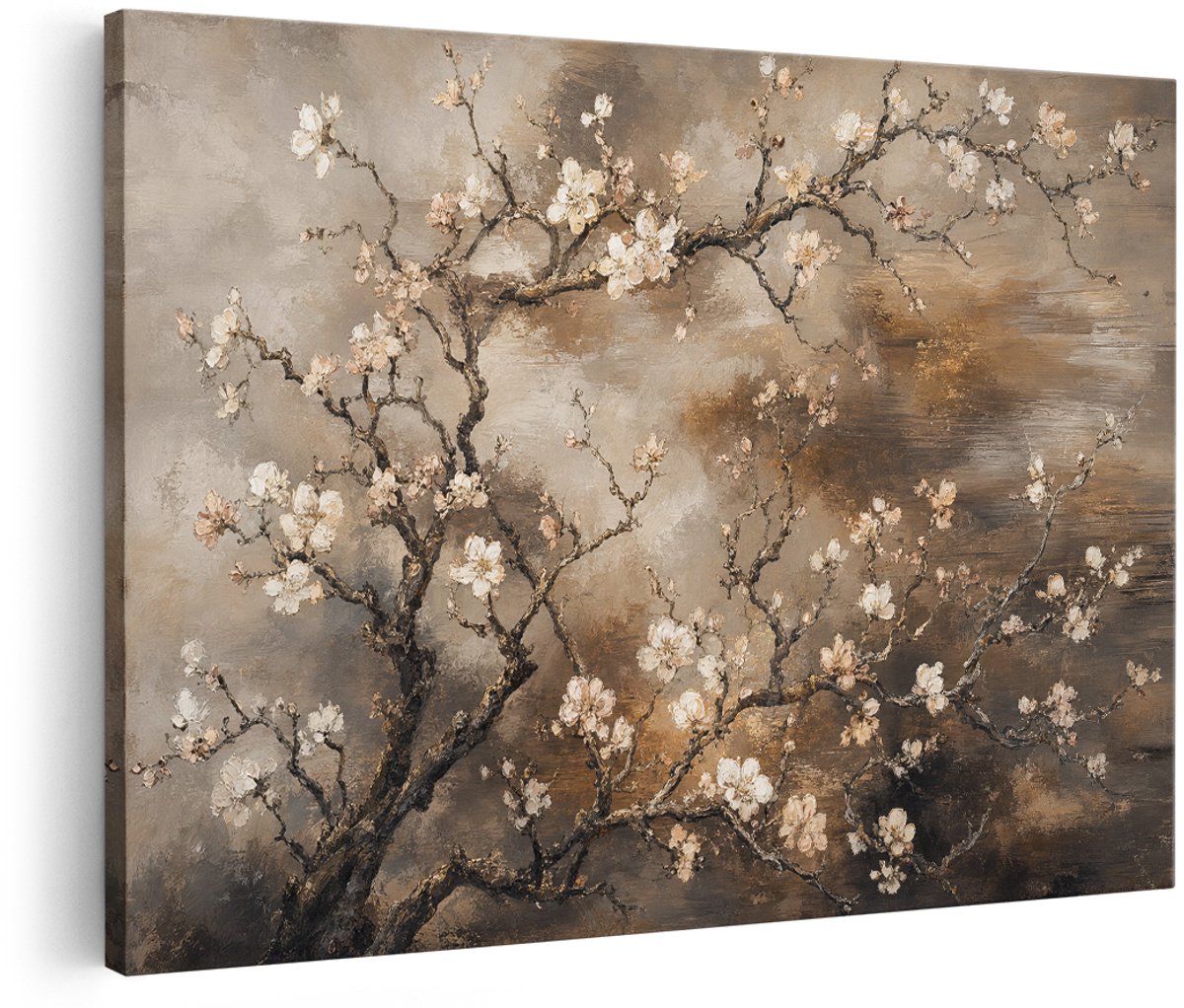 Artaza Canvas Schilderij Amandelbloesem - Abstract Kunst in Beige - 150x100 cm - Groot - Wanddecoratie Woonkamer - Schilderijen - Muurdecoratie