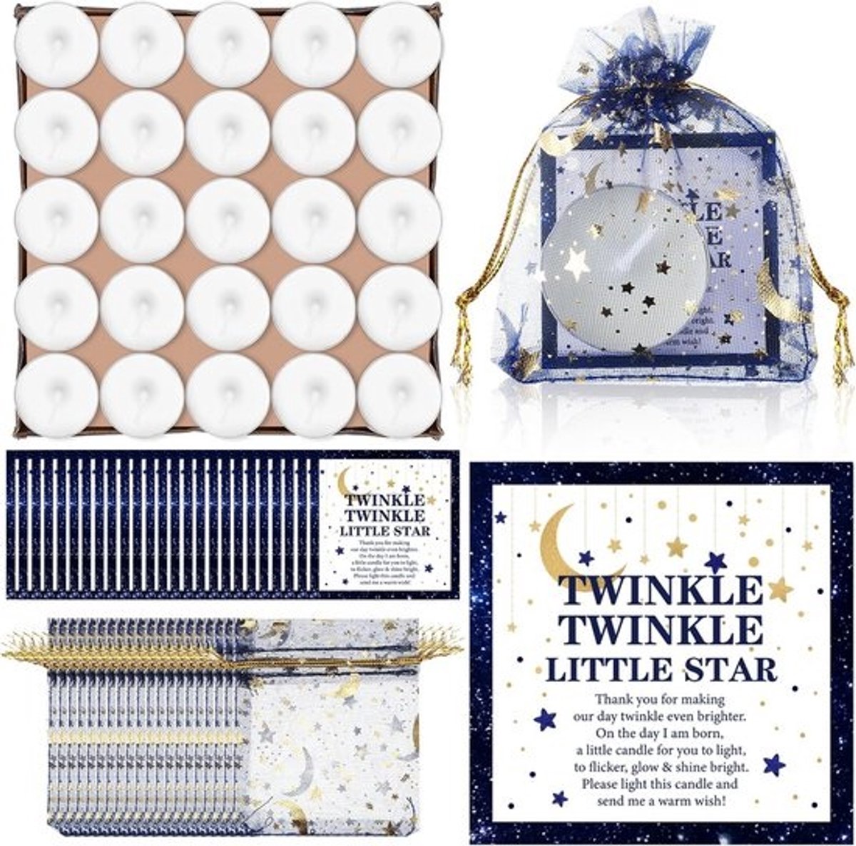 50x Kaarsjes Bedankjes voor Kraamfeest & Baby Shower - Inclusief Ster Organza Zakjes en Dankkaartjes