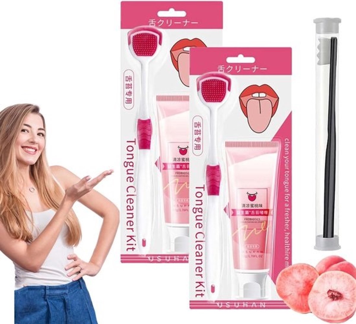 Tong Reinigingsset - Mondhygiëne Borstel - Frisse Adem - Probiotische Gel - 50g Gel - Perzik