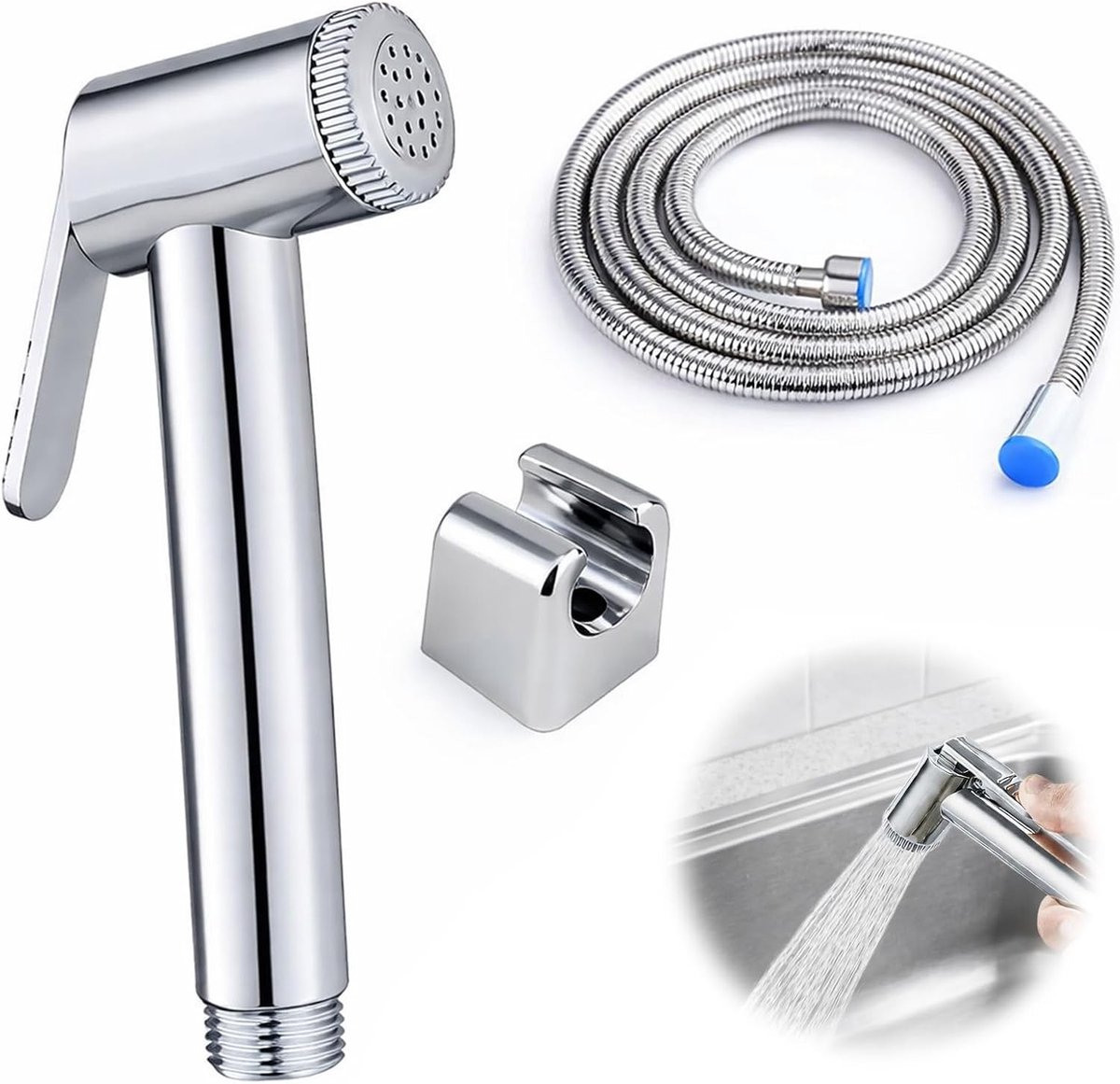 Toilet Handdouche Bidet Set met Houder, RVS Wandhouder en 120 cm Slang voor Badkamer en Toilet, Chroom Zilver, Hygiënisch en Praktisch