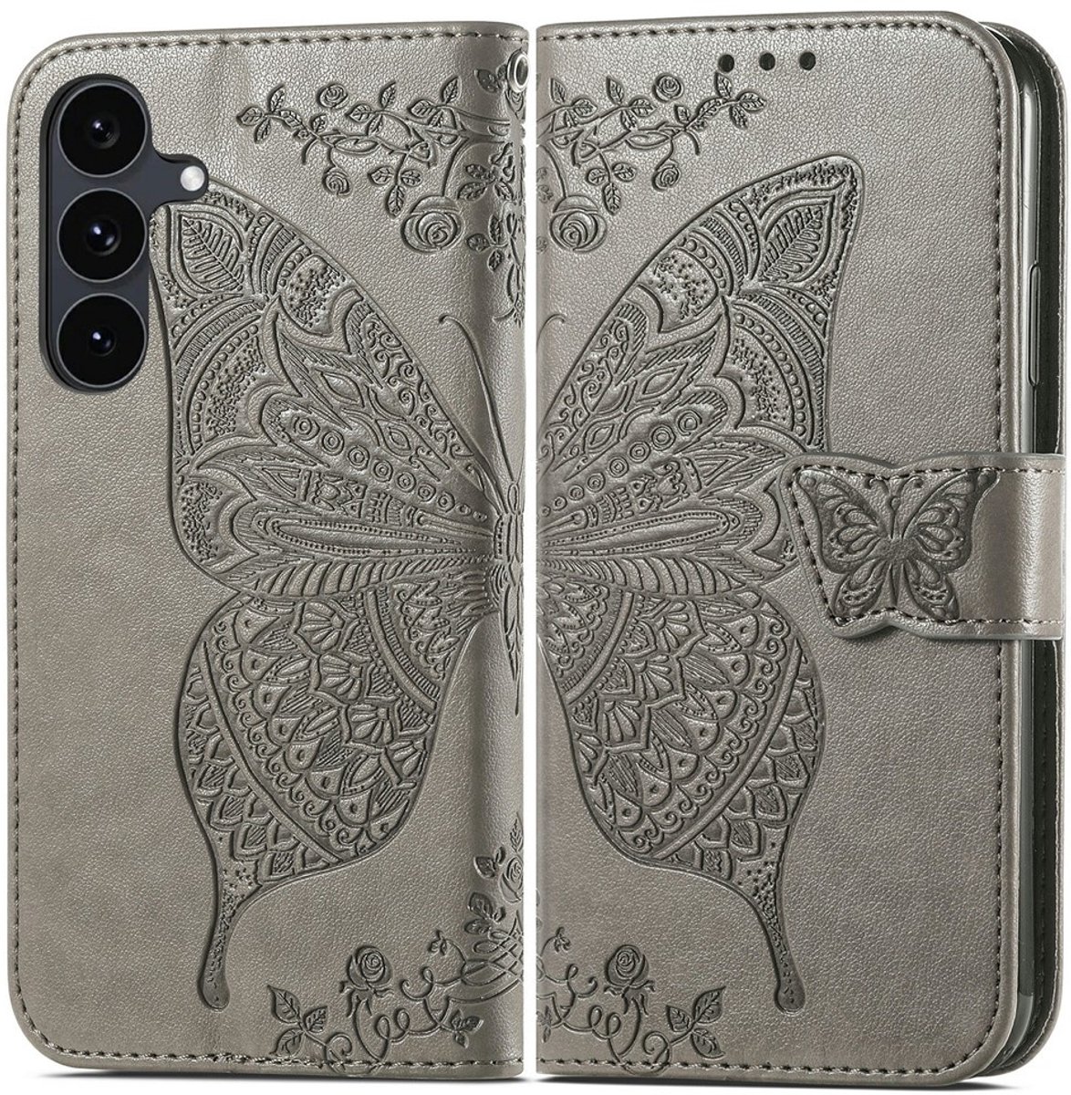 Coverup Hoesje - Geschikt voor Samsung Galaxy S26 FE Hoesje - Coverup Vlinder Book Case - Taupe Grijs