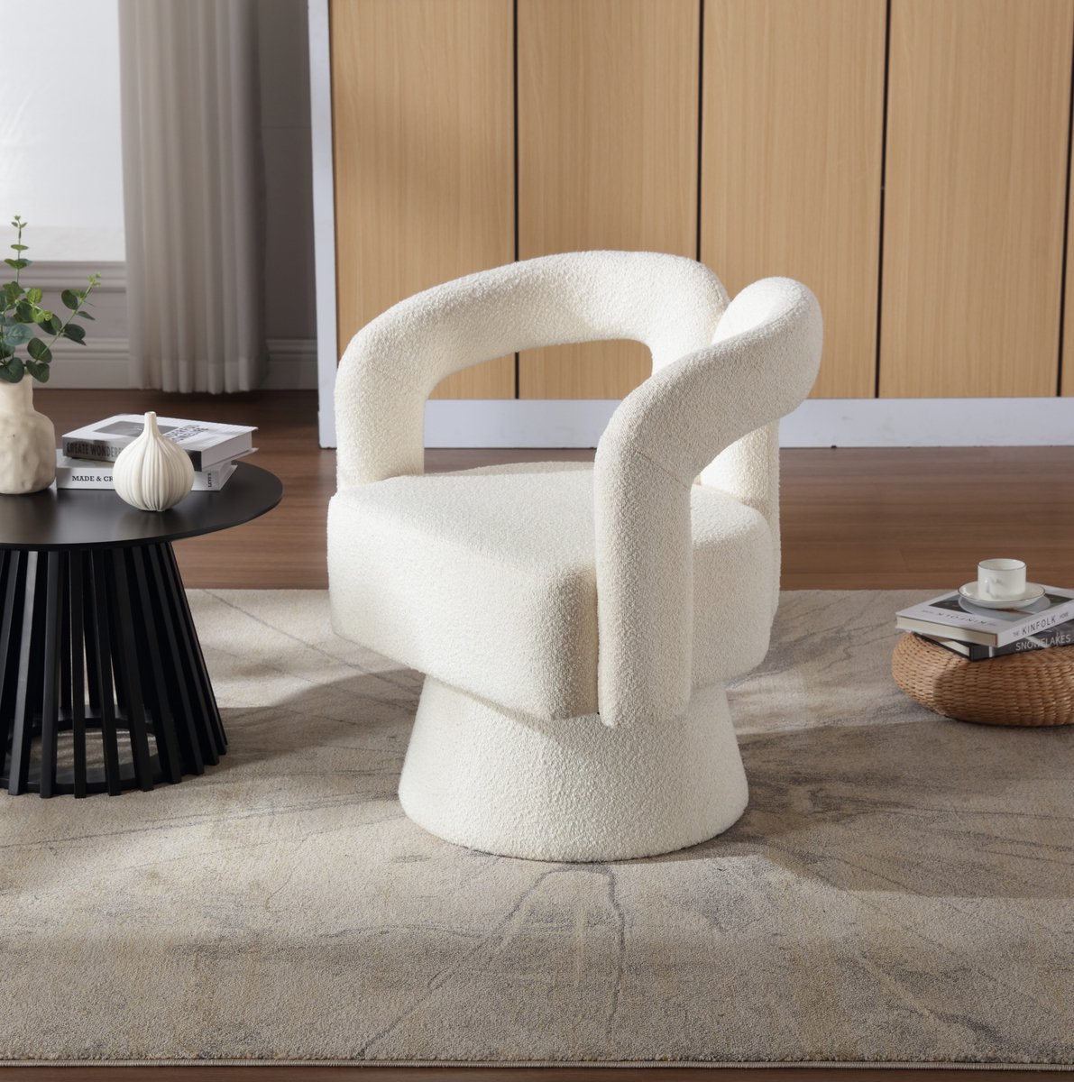Wishdor Fauteuil - 360 graden draaibaar - Bouclé armleuningen zachte zitting - Modern - Woonkamer slaapkamer kantoor wachtkamer - Beige - 67 x 55 x 74 cm