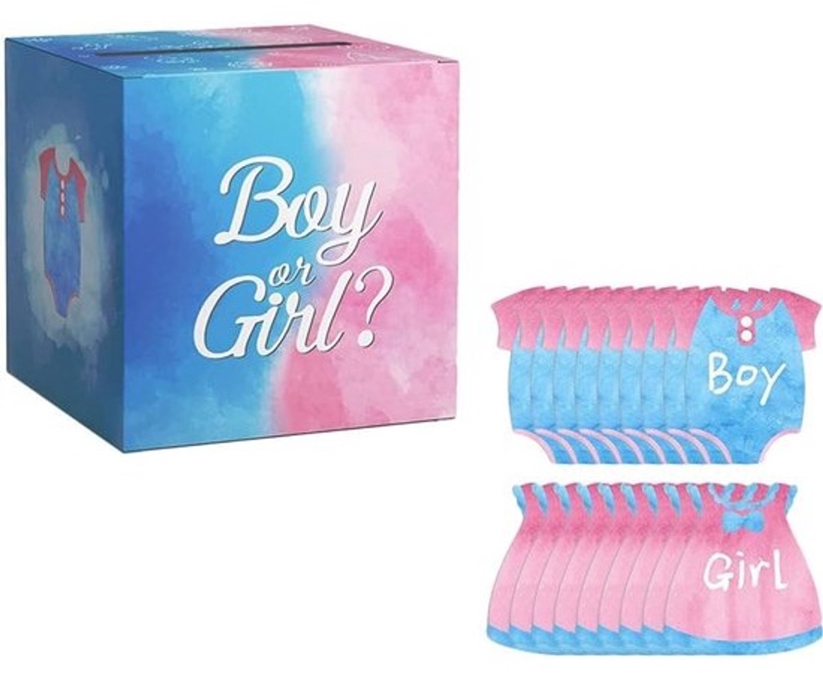 Gender Reveal Spel - Stemspel Feest - Babyborrel Organiseren - Inclusief 40 Stemkaarten - 20x20x20 cm - Diverse Kleuren