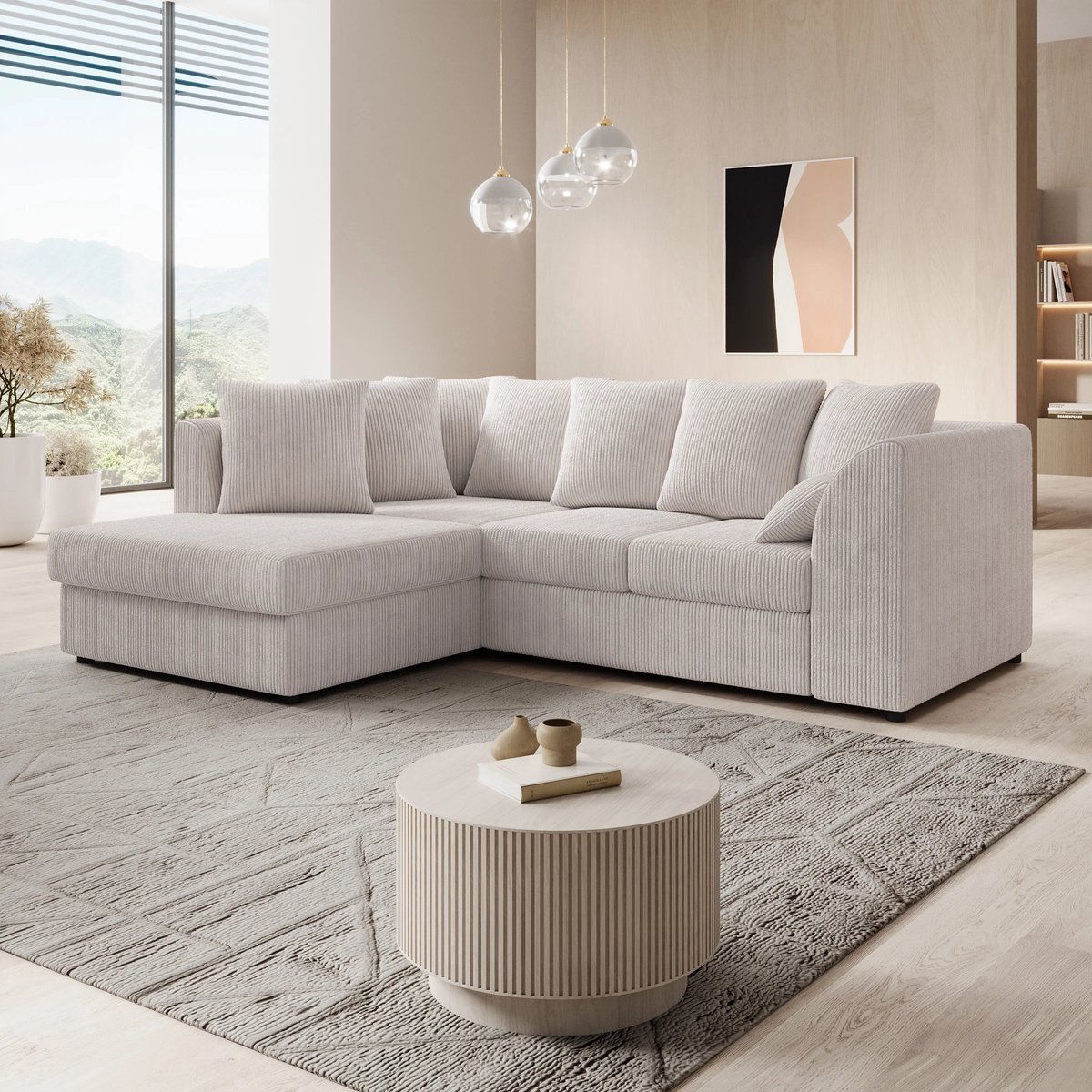 MEUBELLA Hoekbank Alfort - Beige - Ribstof - Links