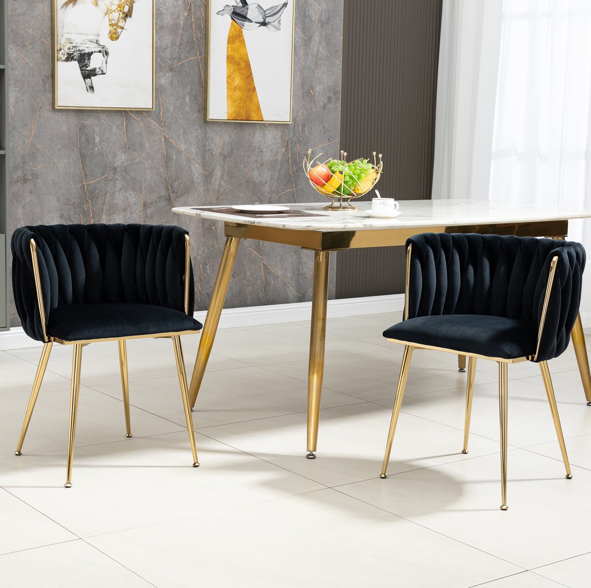 Wishdor Eetkamerstoelen - Velvet zitting - Gouden metalen poten - Gestoffeerd modern design - Woonkamer eetkamer slaapkamer - Zwart - 55,5 x 50 x 74 cm