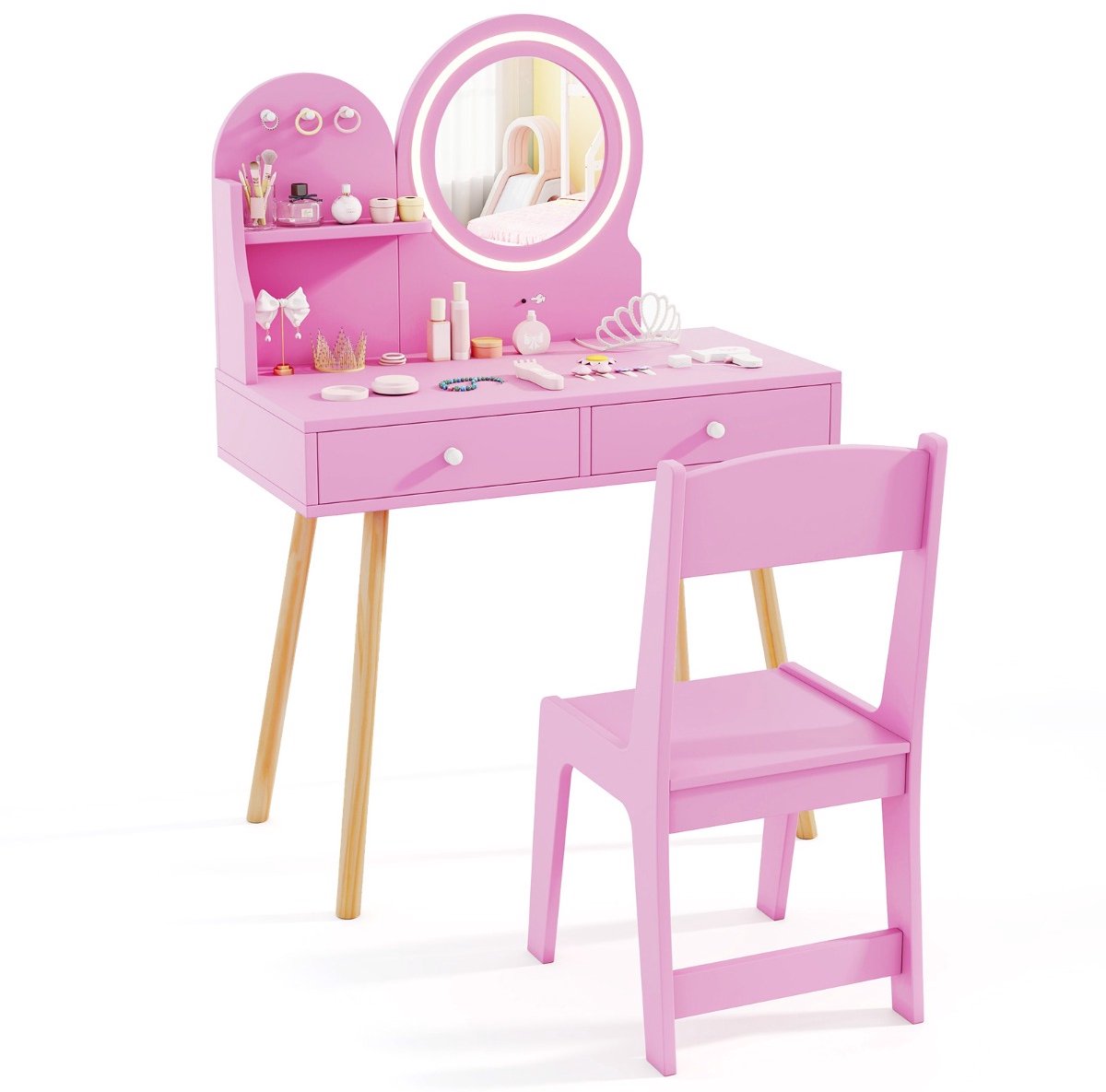 SureDeal® - Kaptafel - Prinsessen achtige - Stoel Kinderbureau - Plank Lades Haken - Anti kantelmechanisme - 70x34x101 cm - Roze
