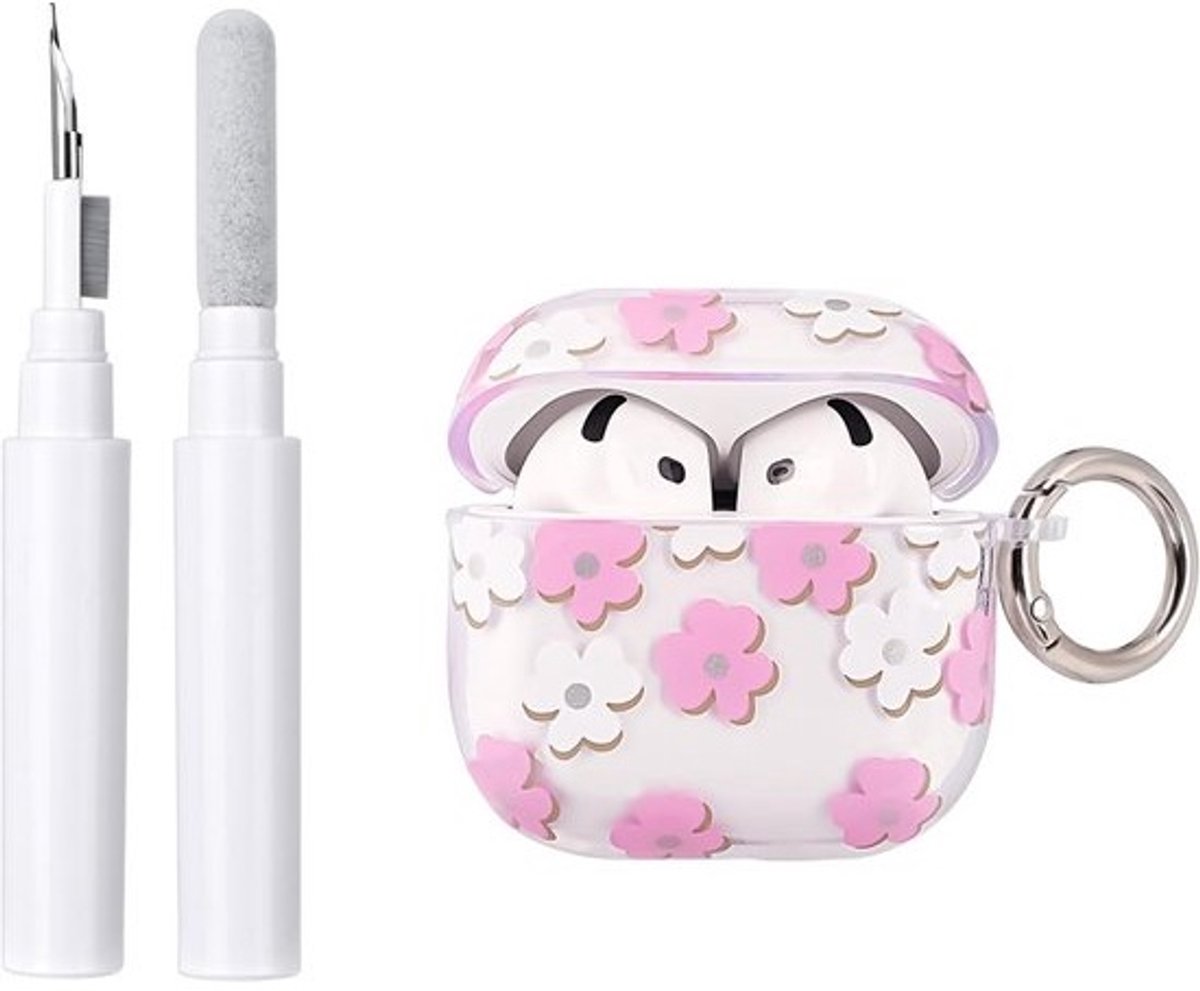 Beschermhoesje voor AirPods 4e Generatie met Reinigingsset – Schattig Bloemenontwerp Schokdempend Roze