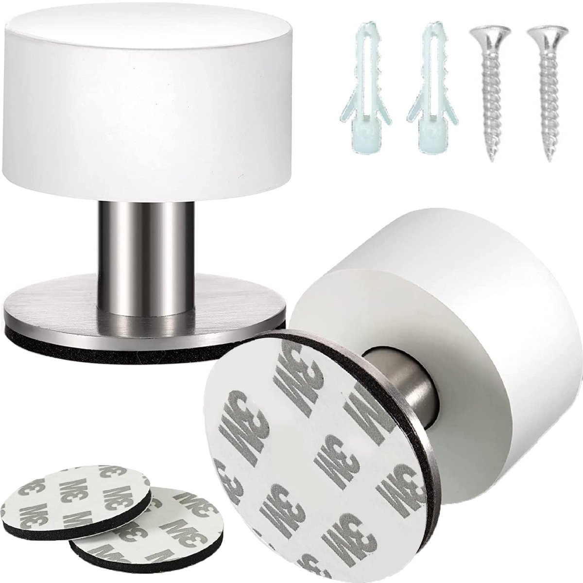 Deurstopper - Zelfklevend RVS met demping - Voor muurbevestiging - Wit, 2 stuks, 4 x 4.2 cm