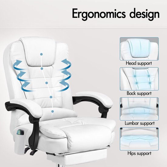 Ergonomische Bureaustoel - Comfortabele Werkstoel - Langdurig Zitten - Massage en Verwarming - Tot 180 kg - Wit — afbeelding 5
