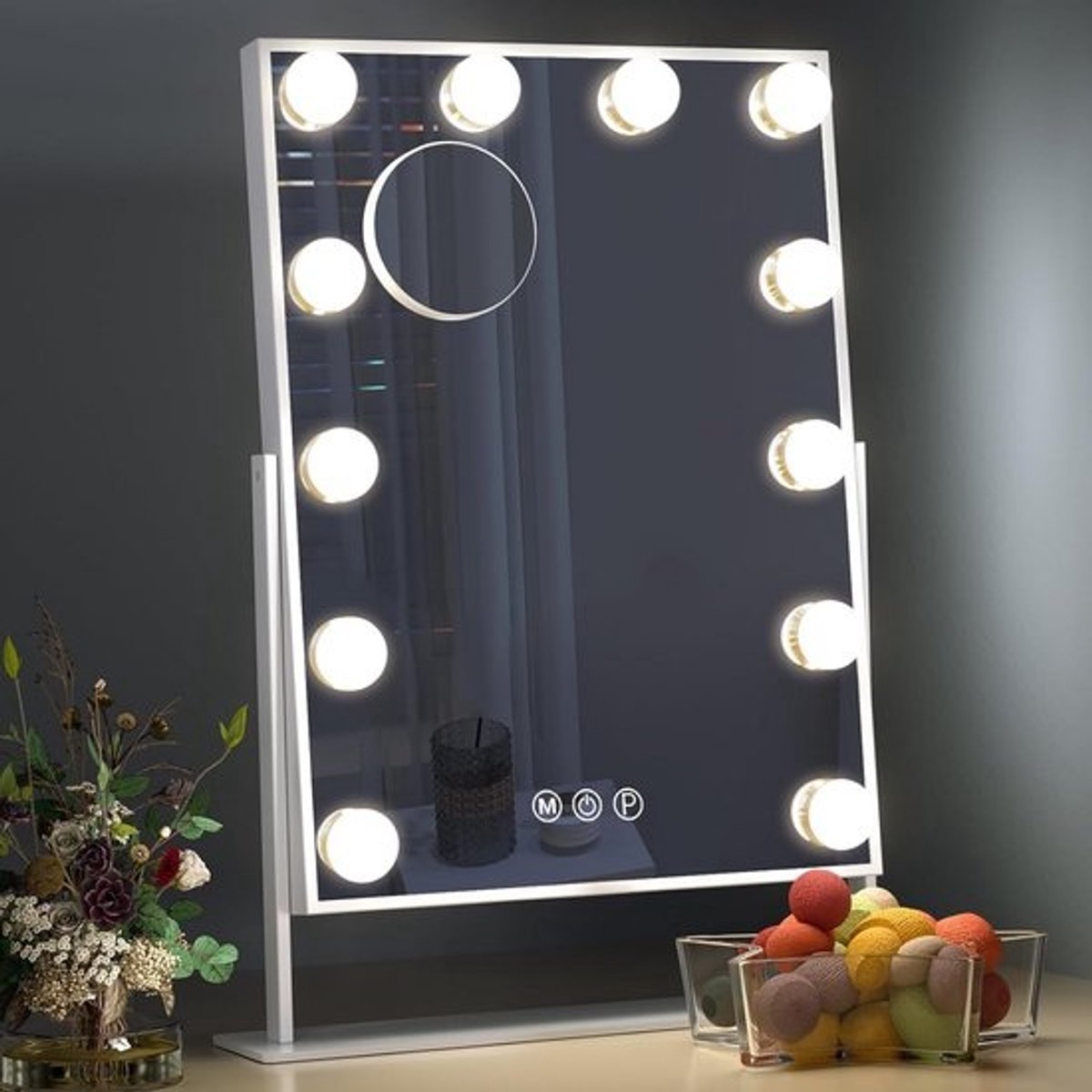 Verlichte Make-up Spiegel met 12 LED-lampen - 3 Kleuren Licht en 360 Graden Rotatie