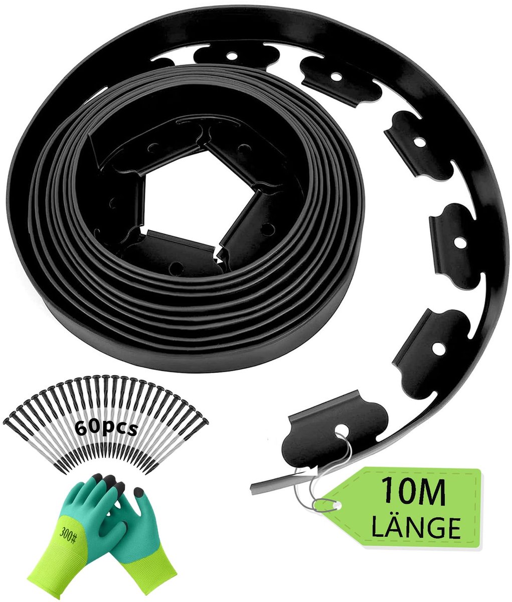 Kunststof Graskantenstrook - Flexibel Robuust Onzichtbaar - Voor Gazon en Tuin Afscheiding - Inclusief 60 Grondankers en 1 Handschoen - Zwart - 10 meter x 5 centimeter