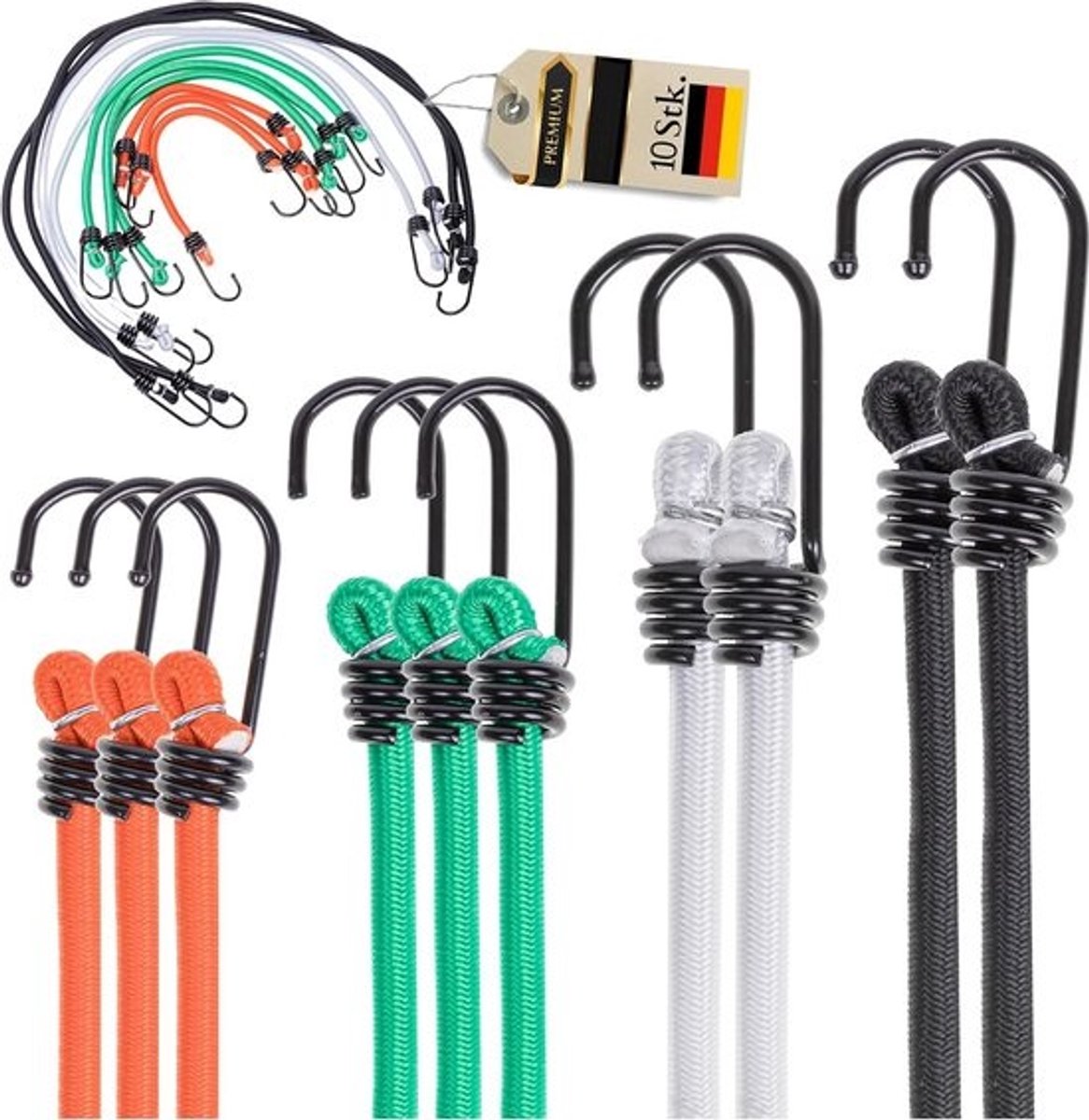 Set van 10 Elastische Spanbanden met Metalen Haken - 8mm Dik - Max. Belasting 35kg - Voor Auto, Fiets en Bevestiging