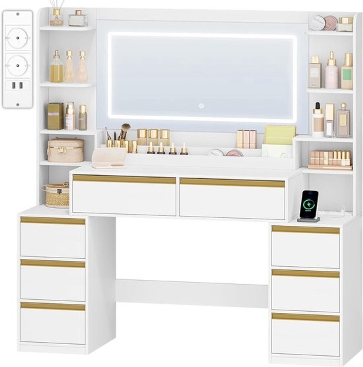 Grote Kaptafel - Make-uptafel met spiegel - Make-up aanbrengen - Met 3 led-kleuren - 40x135x145 cm - Wit-Goud