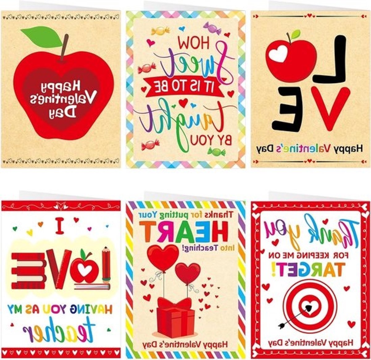 Valentijnsdag Kaarten - Kaarten met Enveloppen - Leraar Waardering - 24 Pack Letterprint - 10 x 13 cm - Multicolor