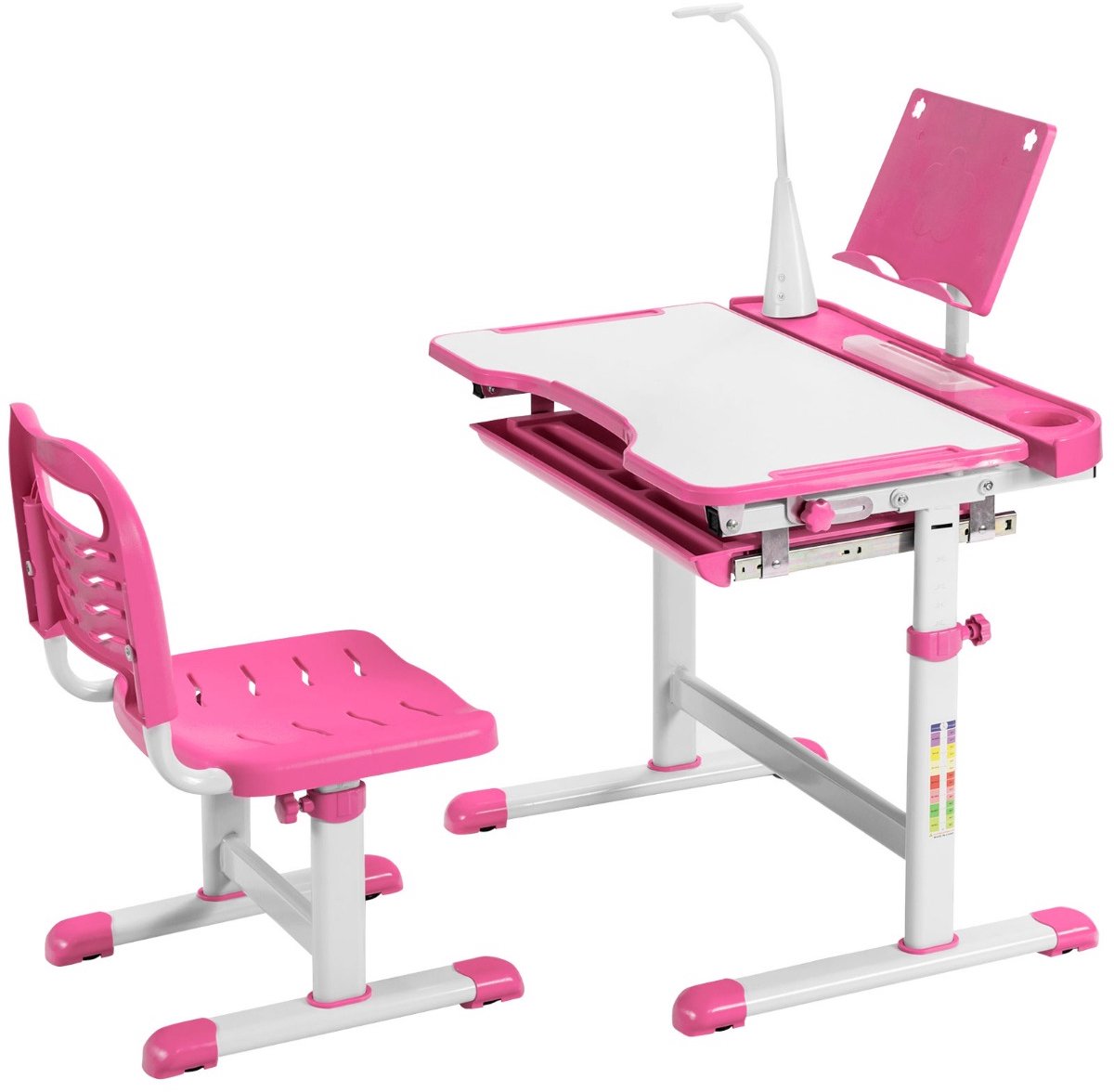 SureDeal® - Kinderbureau -Stoel Set Verstelbaar - Studie Tafel + Stoel - Roze - MDF -IJzer - Met LED Lamp -Boekenstandaard