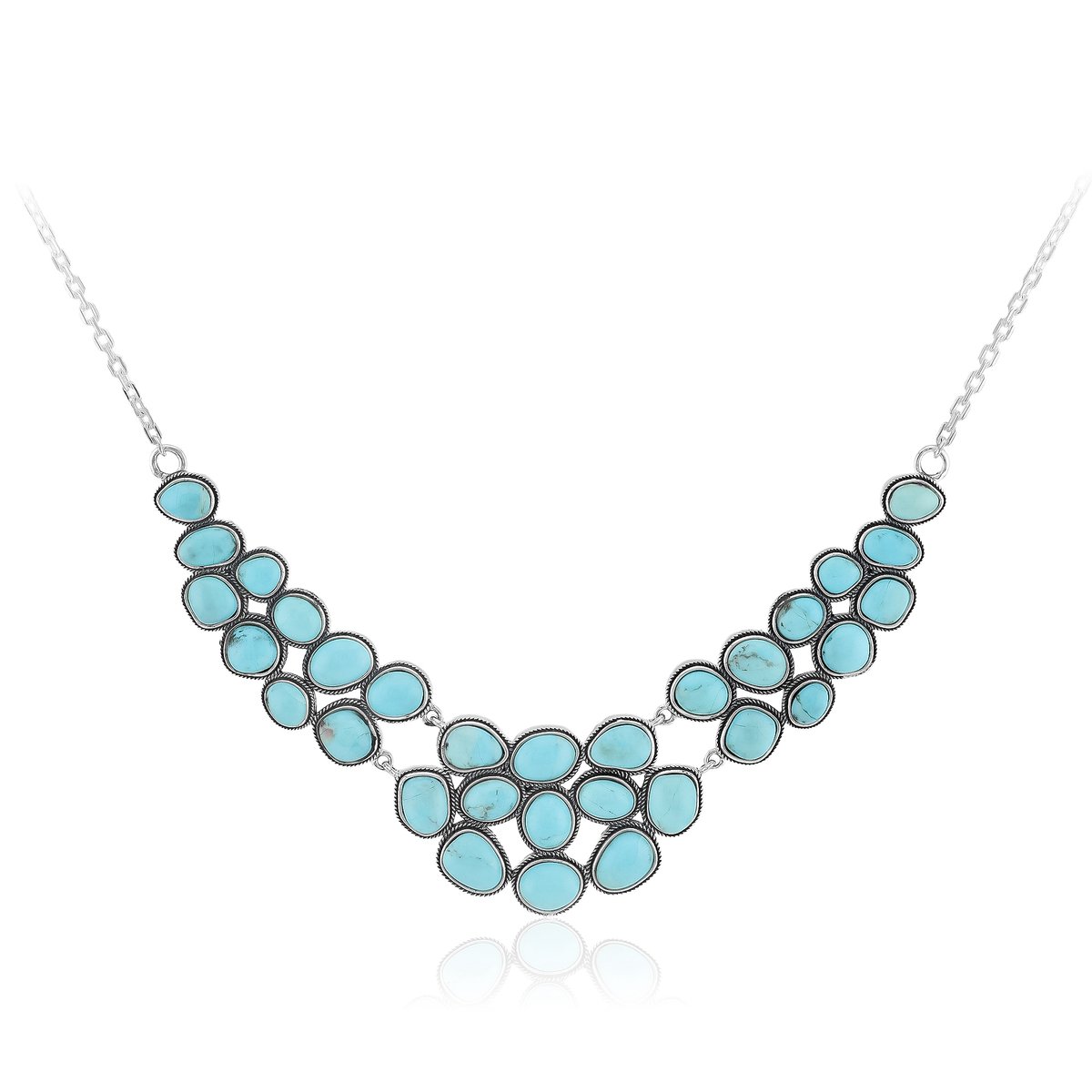 Cavill - Zilveren Ketting - 925 Sterling Zilver - 31 Blauwe Kingman Mohave Turkooisen (13,4 ct) - Asymmetrisch Design - Handgemaakt Statement Sieraad