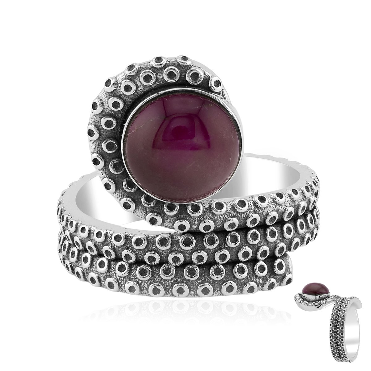 Cavill - Verstelbare Ring - 925 Sterling Zilver Geoxideerd - 1,88 ct Paarse Kingman Mohave Turkoois - Ronde Cabochon - Handgemaakt Edelsteen
