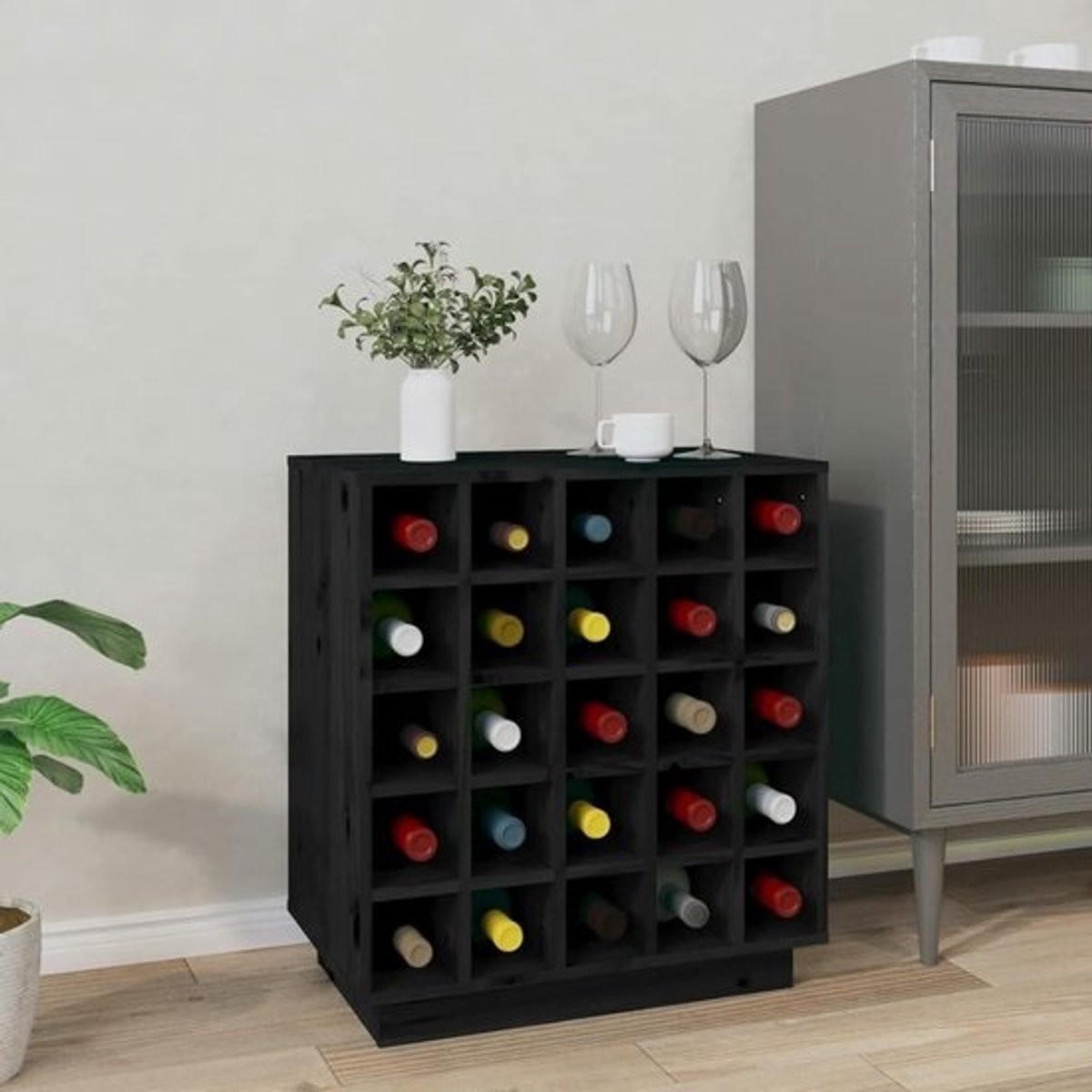 Wijnkast Massief Hout - Drankenkast Fleshouder - Wijn Opslag - Ruime Capaciteit - 55.5x34x61 cm - Zwart