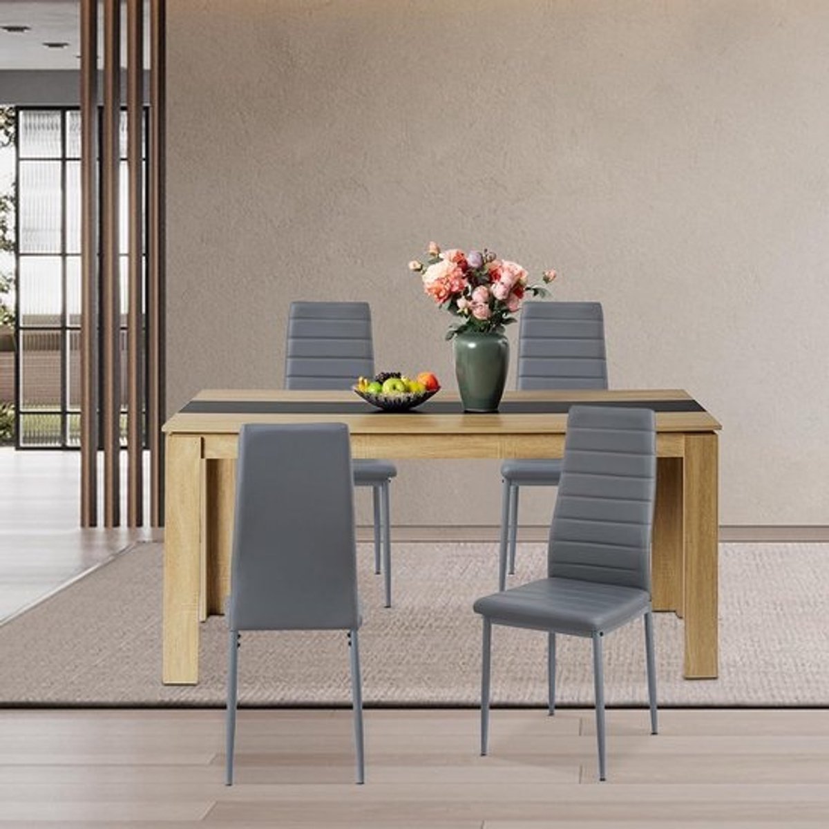 Complete Eetkamerset met Rechthoekige Tafel en 4 Stoelen in Eiken en Grijs