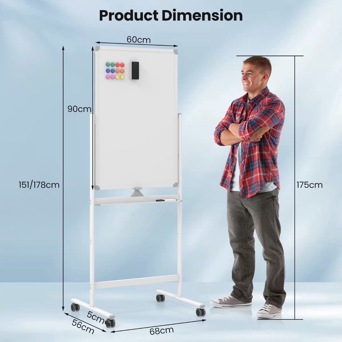 SureDeal® - Whiteboard - Dubbelzijdig Mobiel Hoogte - Wieltjes Standaard - Pennenbakje Wit - 68x56x151 cm - Wit