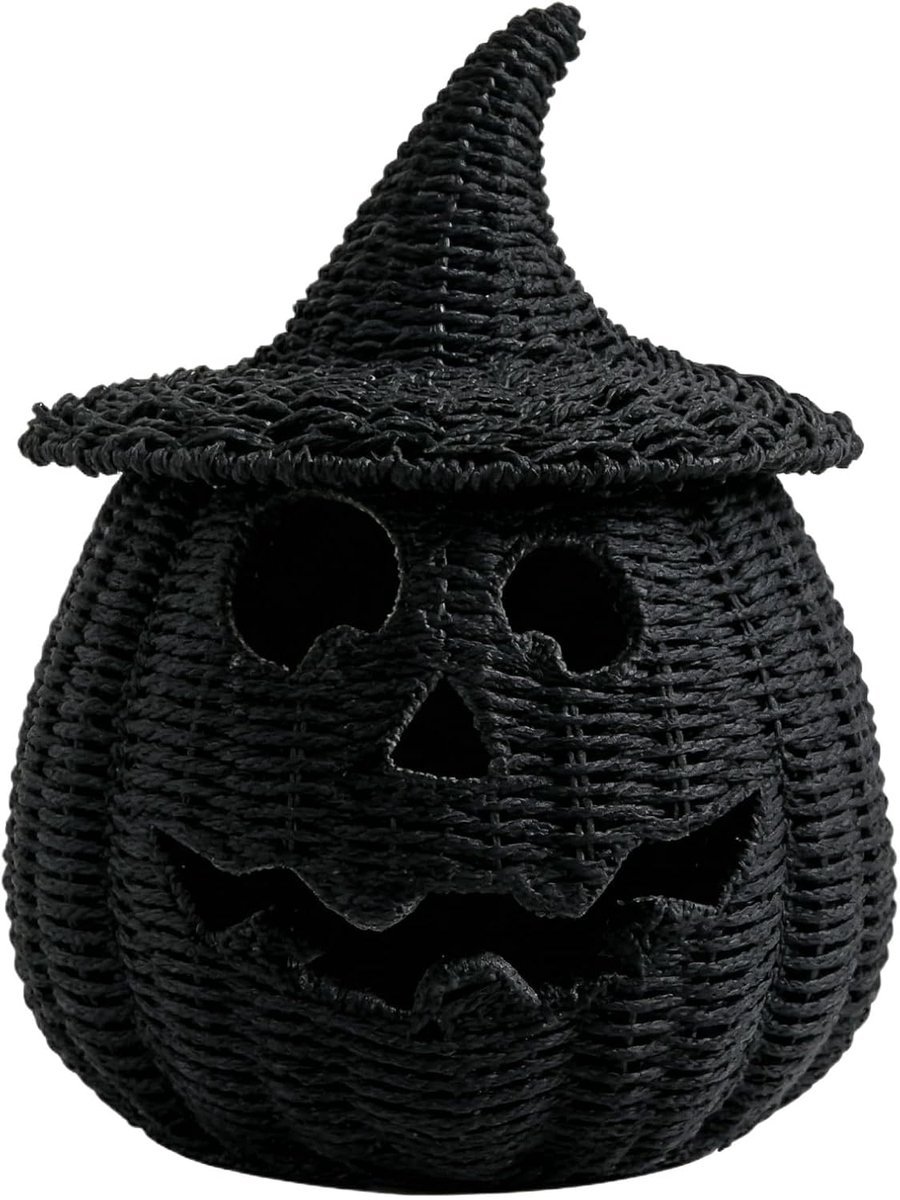 Casalora® Halloween Pompoen Lantaarn - Inclusief LED Kaars - Handgeweven Rotan Jack-o'-Lantern Snoepmand - Trick-or-Treat Emmer met Handvat - Halloween Decoratie - Zwart - 26 × 20 cm
