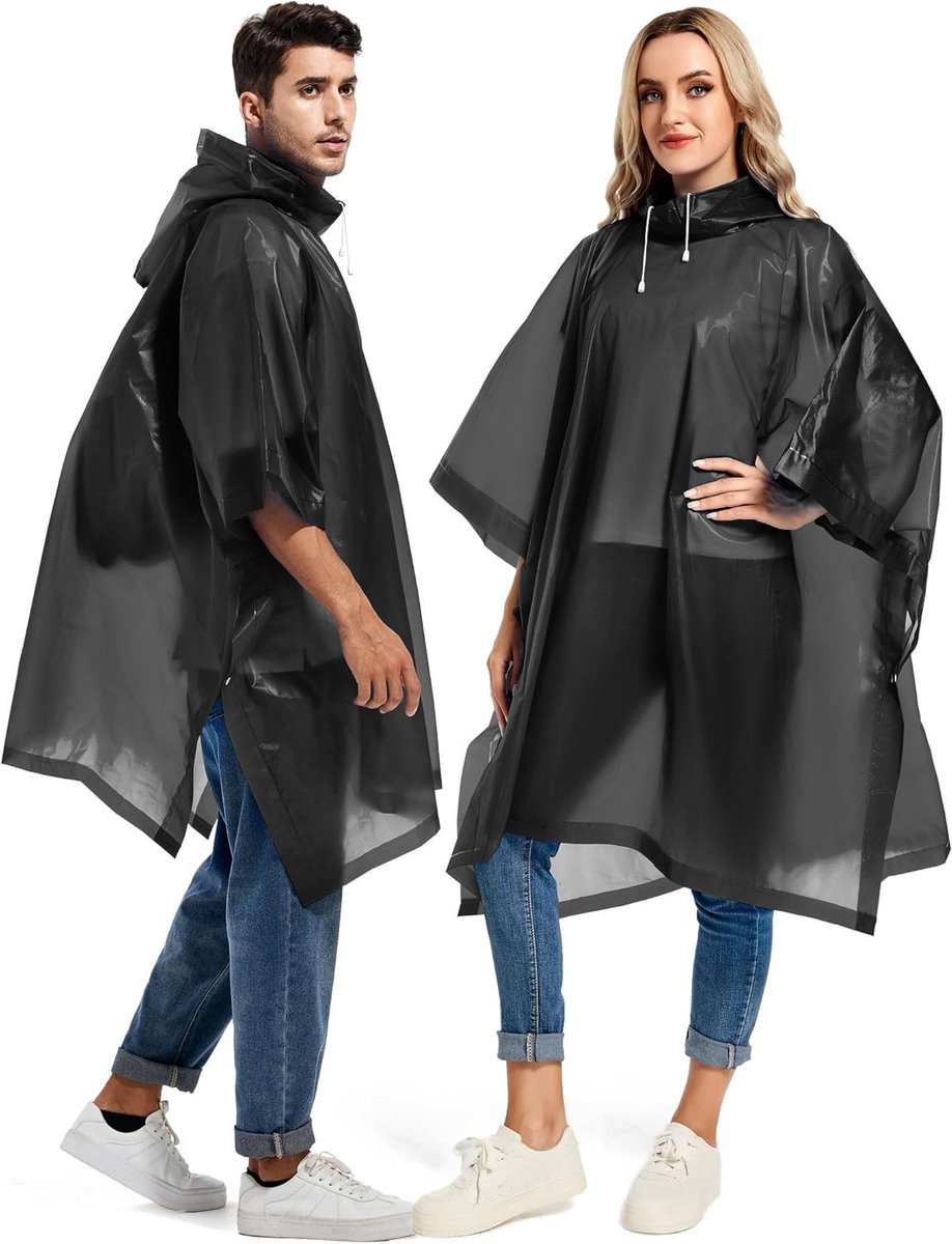 YAGXIG Regenponcho voor volwassenen - Herbruikbaar - Warme noodregenjas - Poncho-model - Lange poncho - Met capuchon met trekkoord - Zwart - Eén maat - Twee poncho's