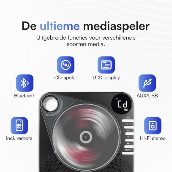 Retro CD Speler met Bluetooth - Draagbare CD Speler met HiFi Speakers - USB - AUX - Oplaadbaar - Vintage Muziekspeler Zwart — afbeelding 2