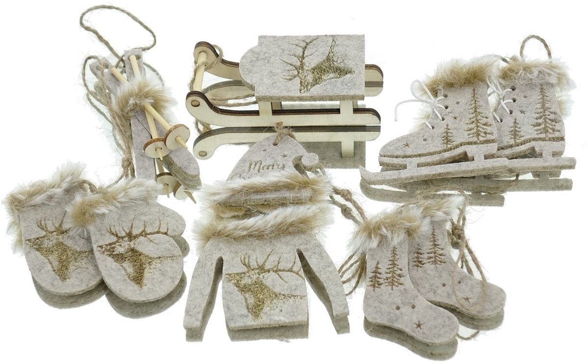 Gasper Kersthanger Wintersport Grijs-beige set van 6 - Vilt & hout