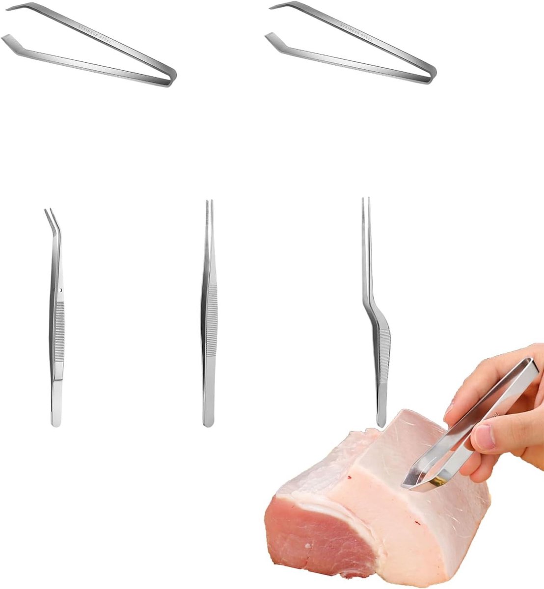 Set van 5 RVS Keukenpincetten voor het Verwerken van Vis, Vlees en Botten - Perfect voor Koken en Grillen