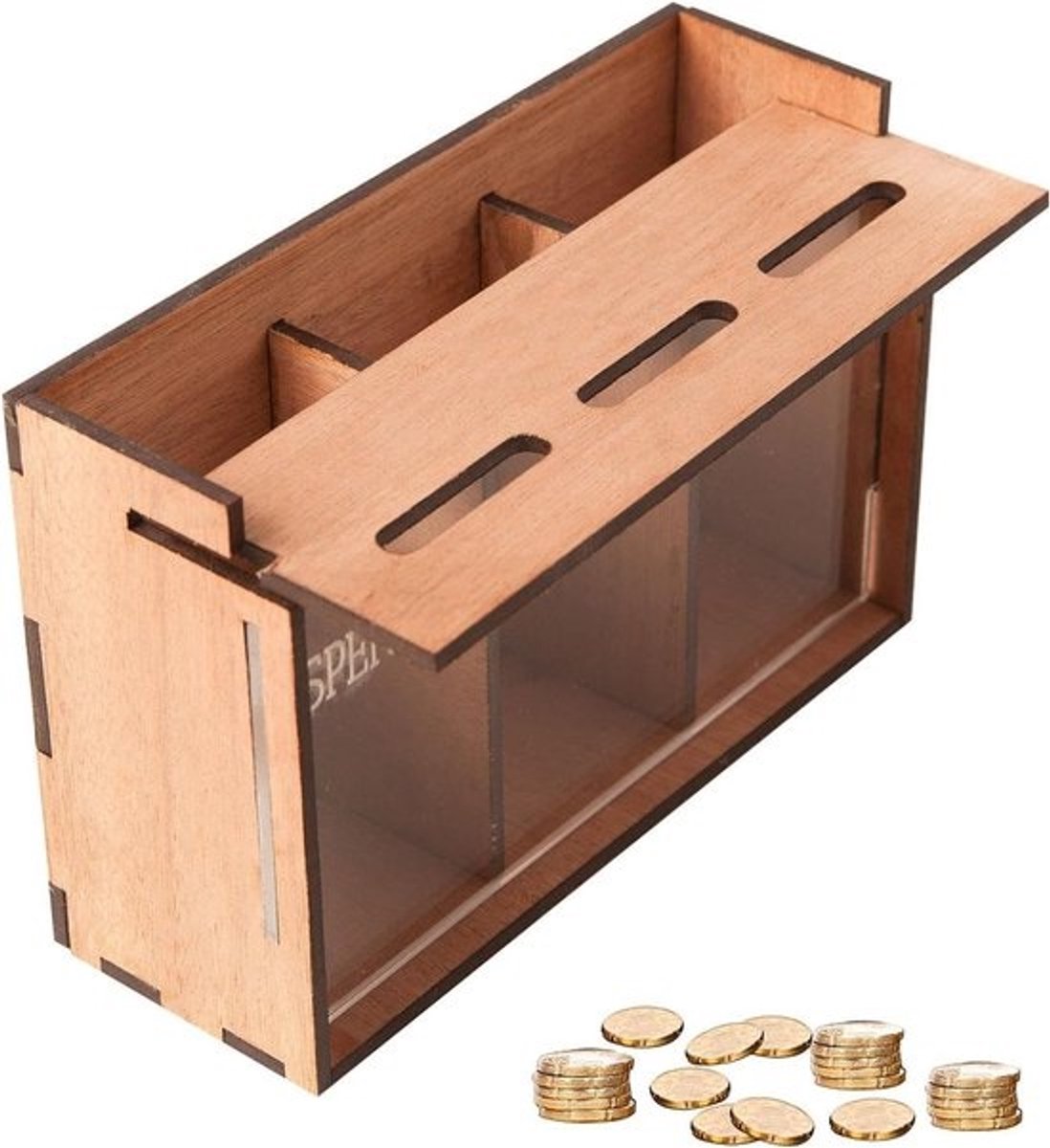 Houten Spaarpot - Geldkistje Organizer - Spaarvaardigheden Ontwikkelen - Drie Vakken Ontwerp - 15 x 10 cm - Natuurlijk Hout