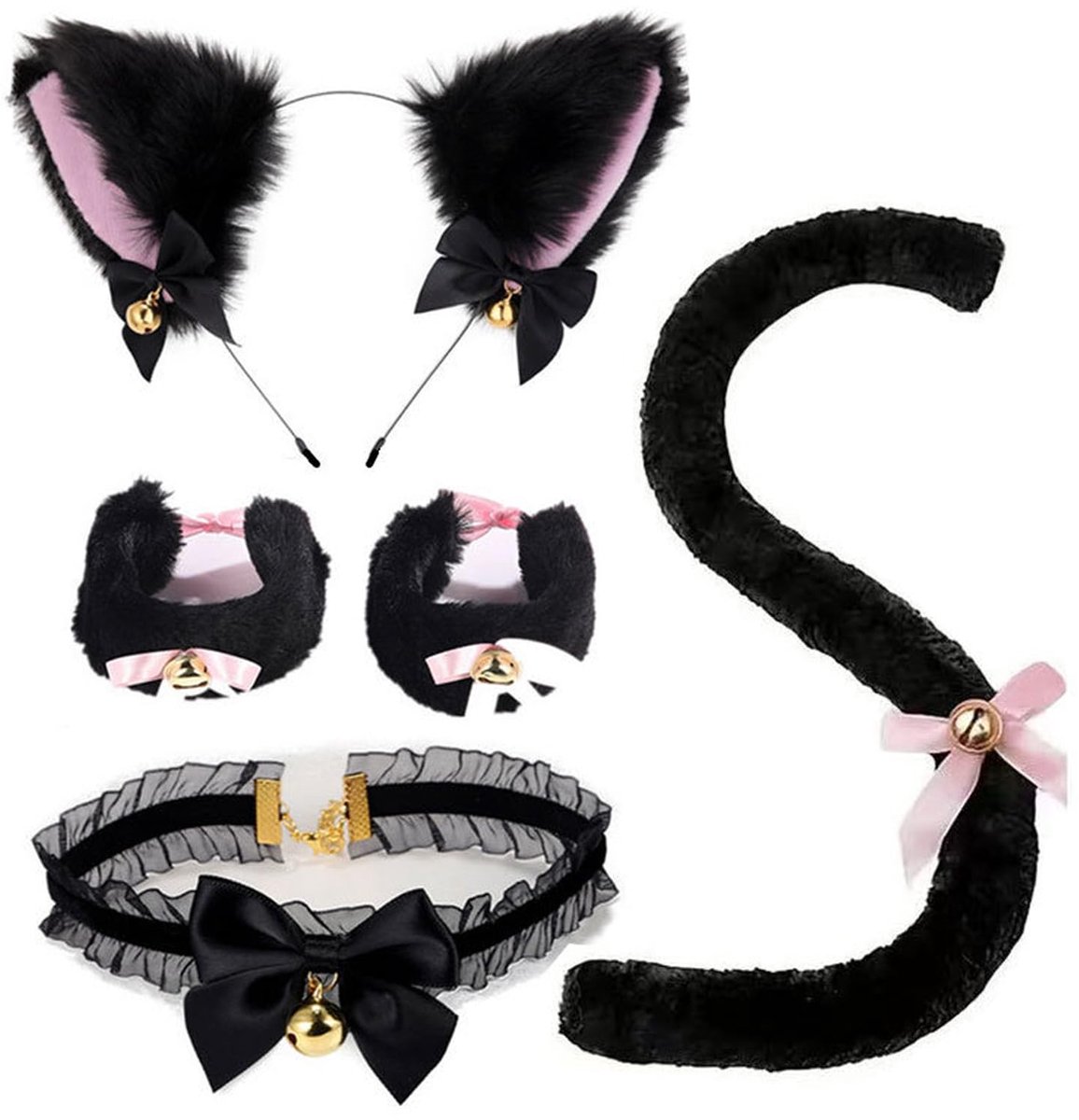5 stuks kattencosplay kostuumset - zwarte kattenoren hoofdband met belletjes, verstelbare staart, handboeien - ShopVlot