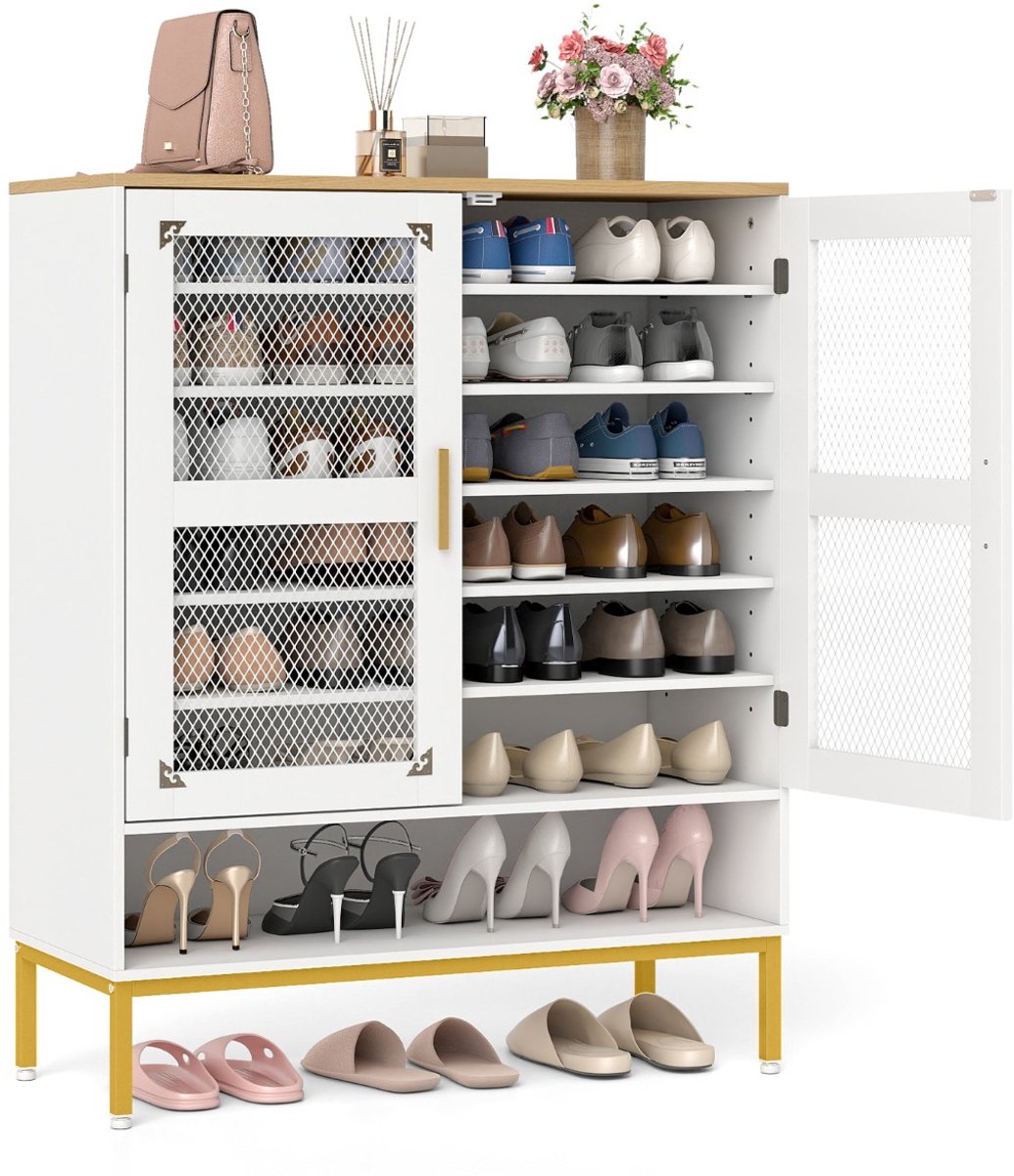 SureDeal® - Schoenenkast - 7-laags - Gaasdeuren Moderne Houten - Verstelbare Planken - Metalen Poten - 80x37x106 cm - Wit