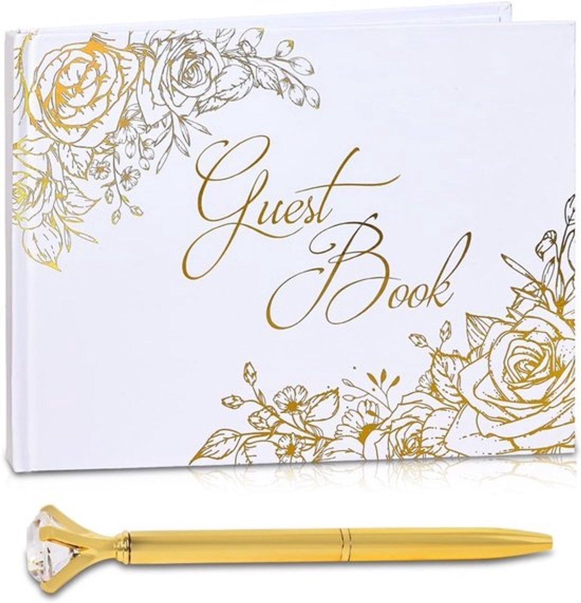 Gastenboek met Pen in Goud voor Bruiloft, Babyshower en Verjaardagen - 9 x 6,7 Inch Goudfolie Hardcover