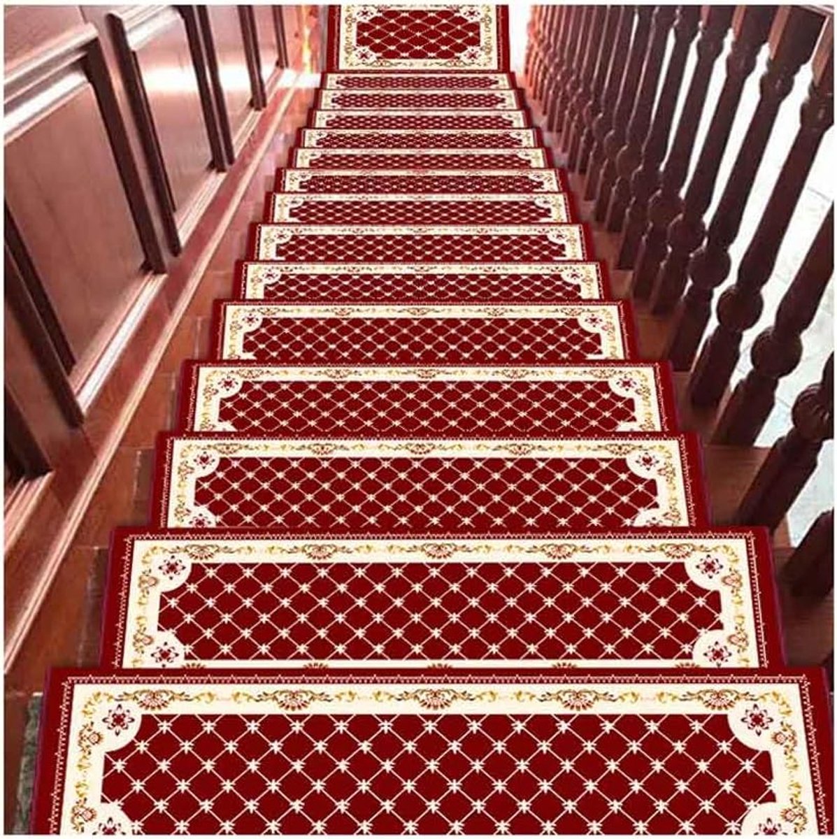 Traptreden matten set | Donkerrood klassiek patroon | 40*120 cm | 3 stuks | Diatomeeënaarde | Antislip trapmatten voor binnen thuis