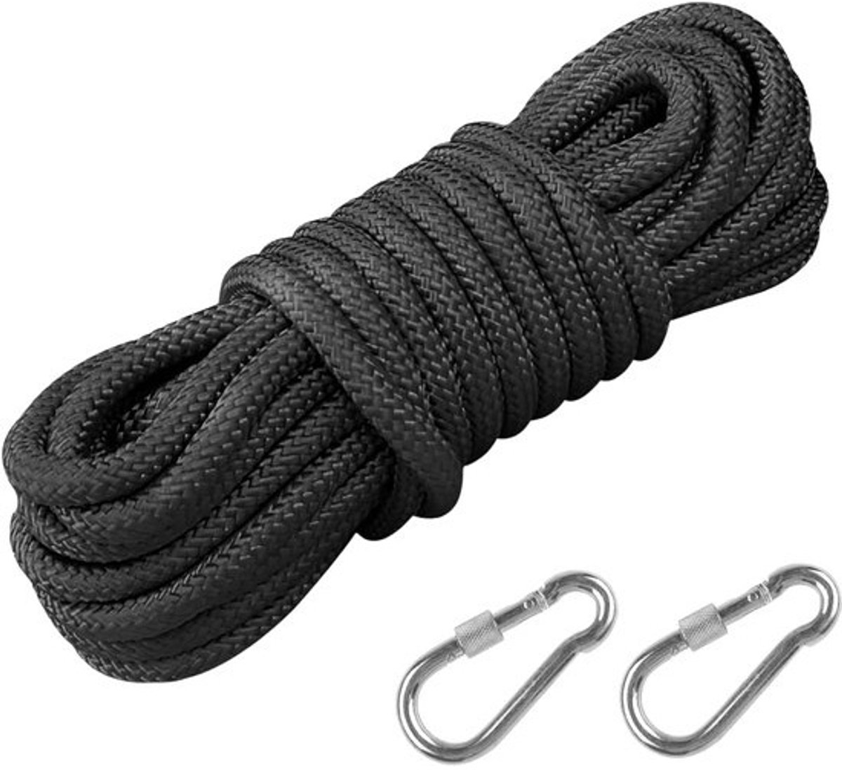 Zwart polypropyleen touw 10 mm - 12 m multifunctioneel veiligheidstouw met 2 karabijnhaken voor buitengebruik