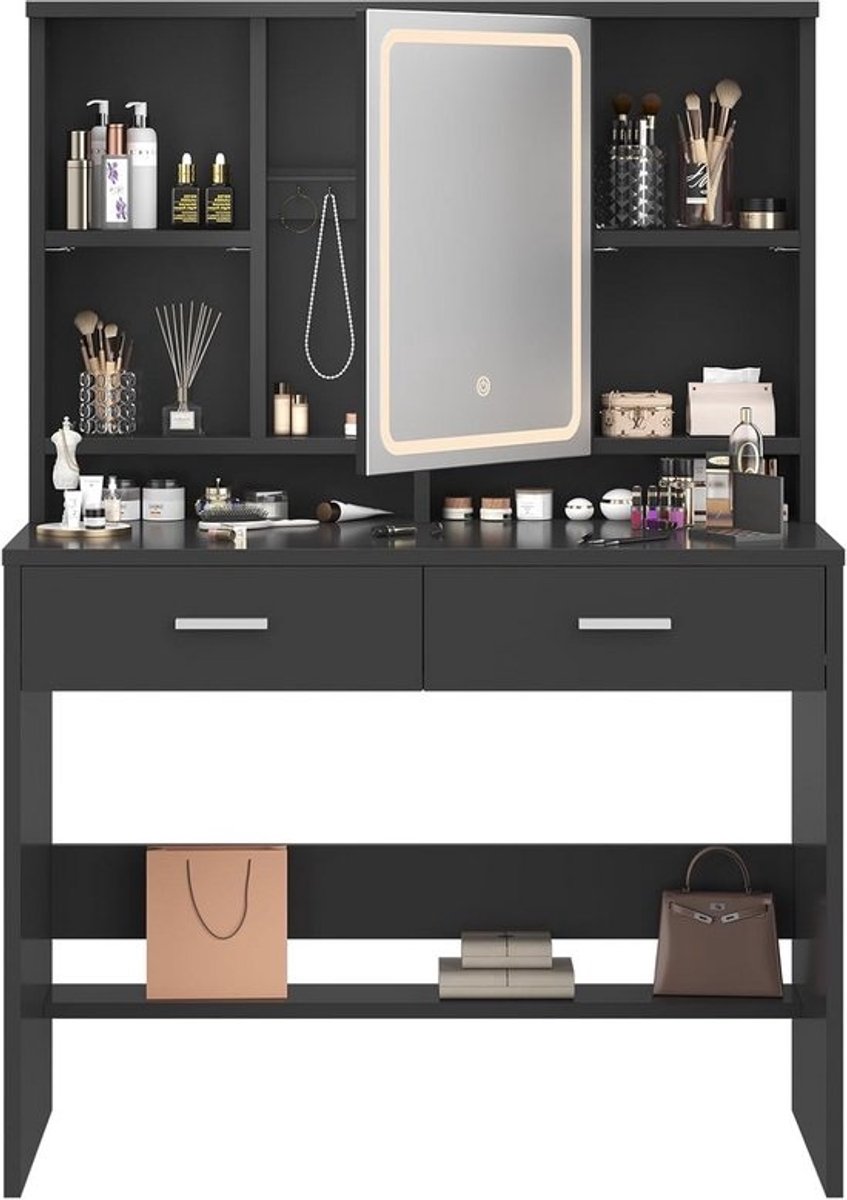 Kaptafel met spiegel - Make-up tafel - Sieraden opbergen - Verstelbare LED-verlichting - 90 x 40 cm - Zwart